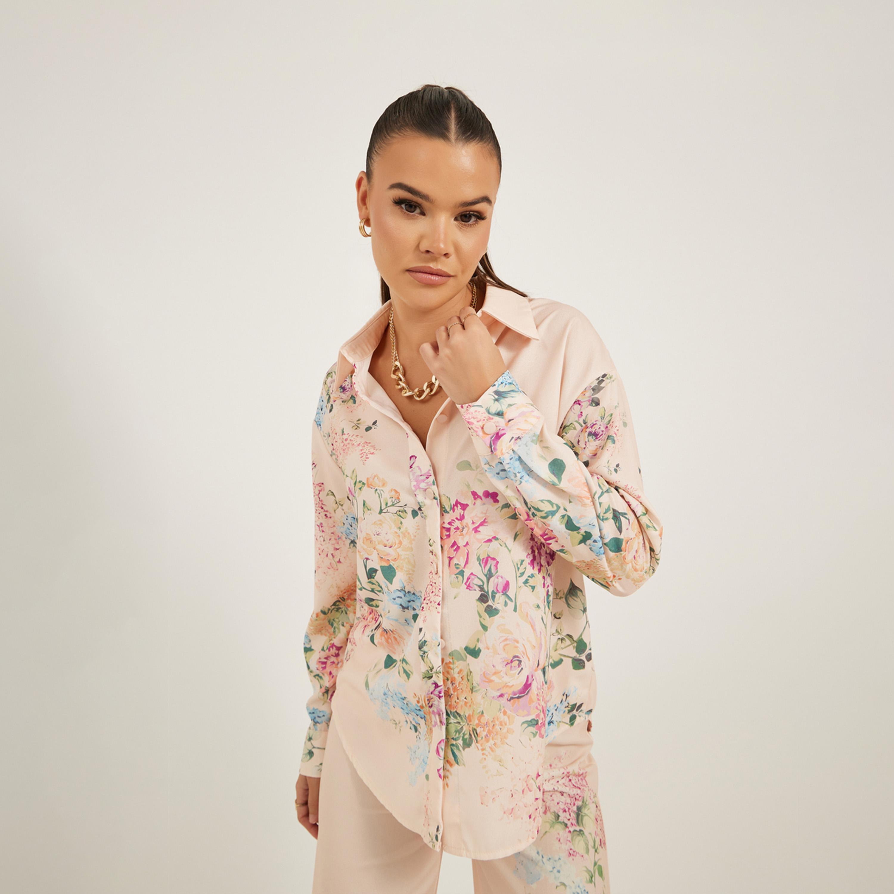 Styli Floral Print Button Down Spread Collar Shirt-women-clothing-shirtsandblouses-shirts-image-1