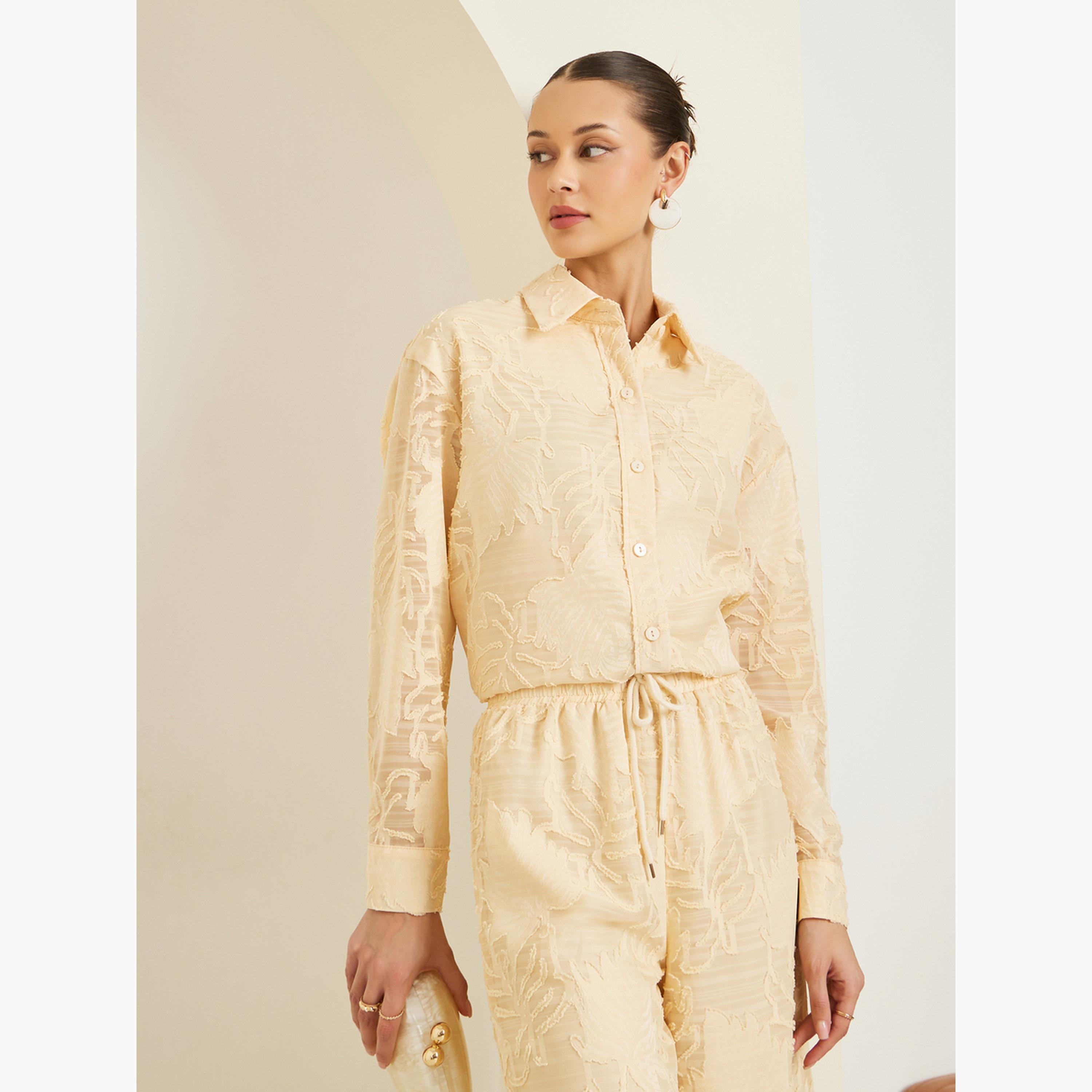 Styli Women Yellow Jacquard Longline Shirt-women-clothing-shirtsandblouses-shirts-image-3