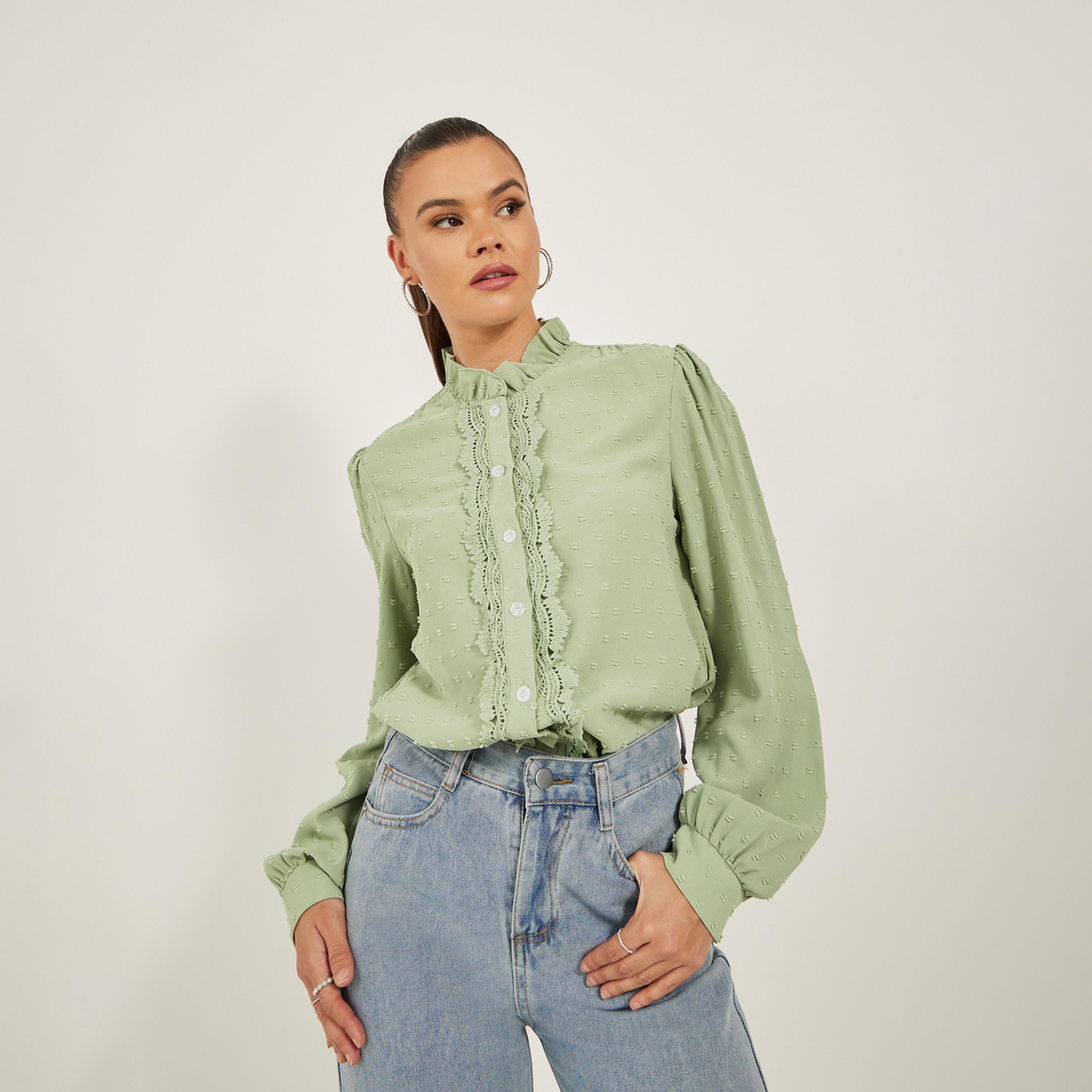 Styli Dobby Button Down Regular Fit Top with Lace Detail-women-clothing-shirtsandblouses-blouses-image-1