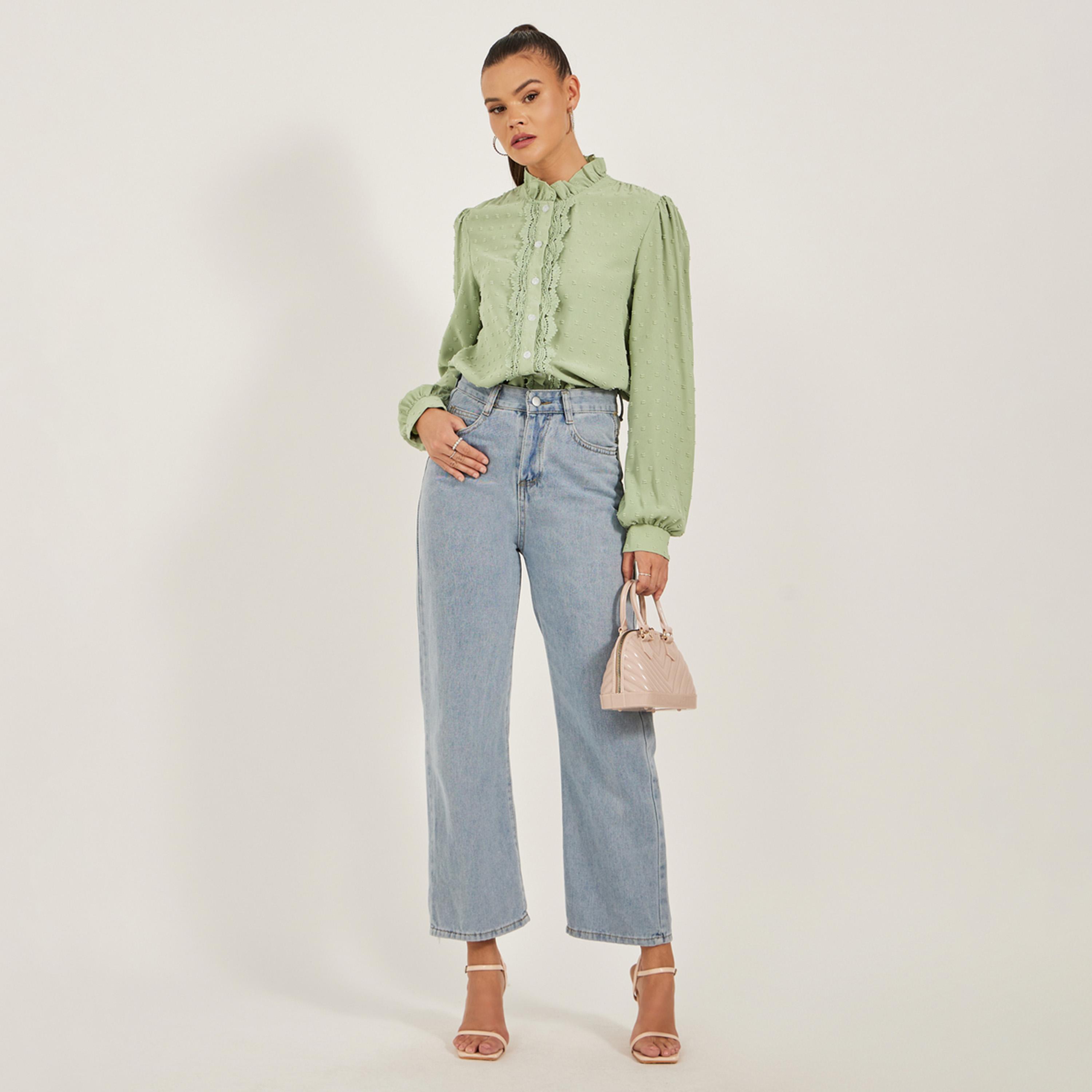 Styli Dobby Button Down Regular Fit Top with Lace Detail-women-clothing-shirtsandblouses-blouses-image-2
