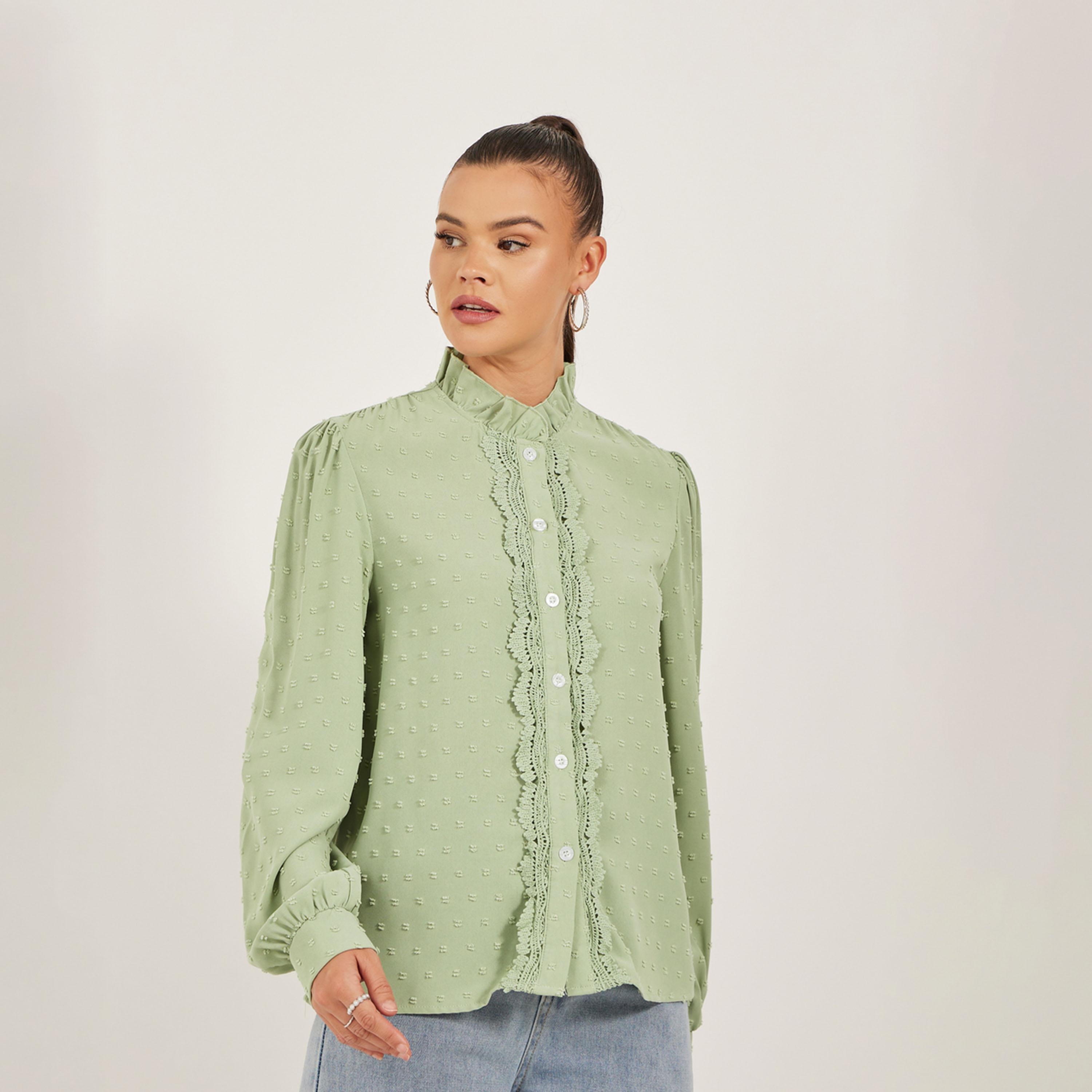 ستايلي - بلوزة دوبي بقصة عادية وأزرار مع تفاصيل الدانتيل-women-clothing-shirtsandblouses-blouses-image-3