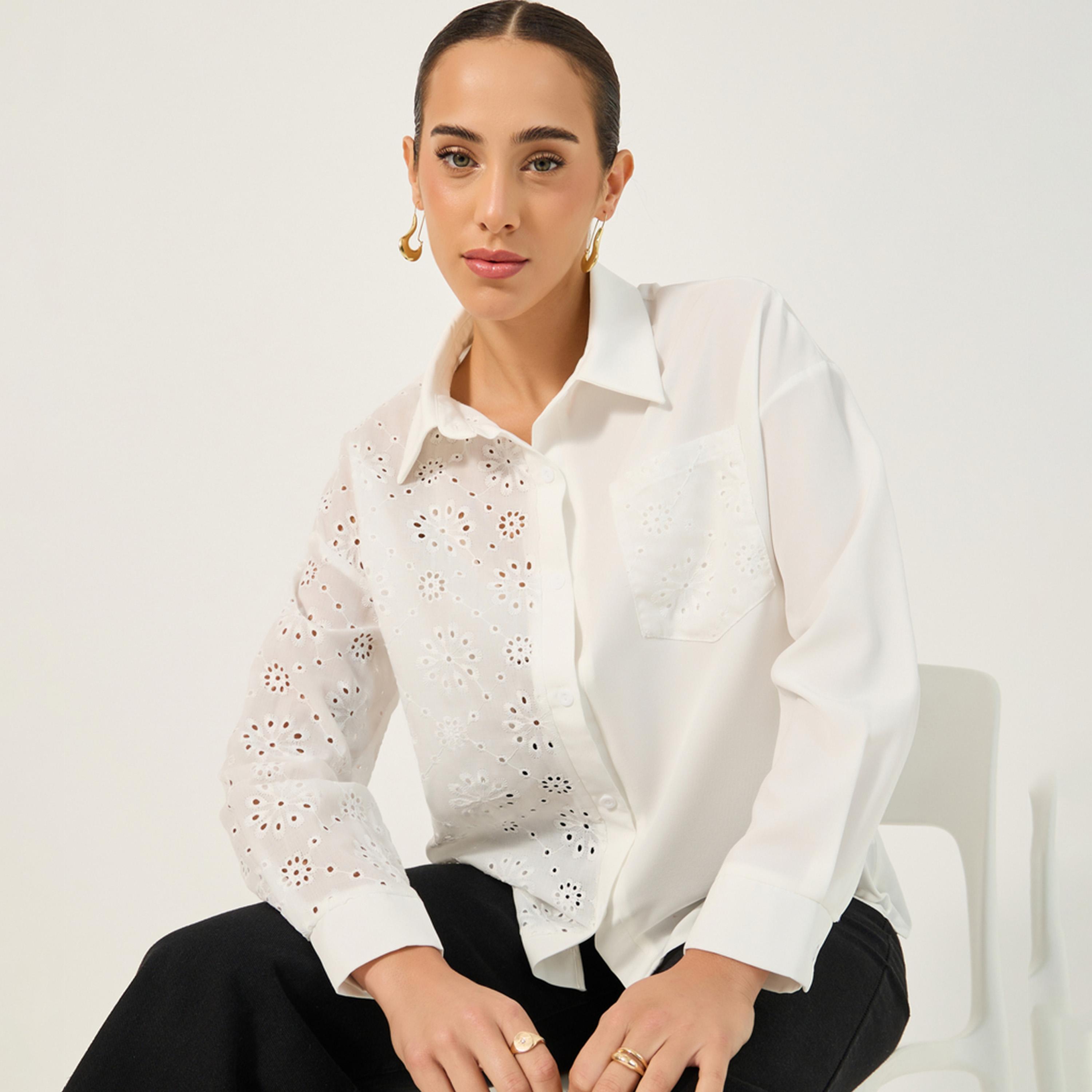 Styli Schiffli Regular Fit Spread Collar Shirt With Pocket-women-clothing-shirtsandblouses-shirts-image-1