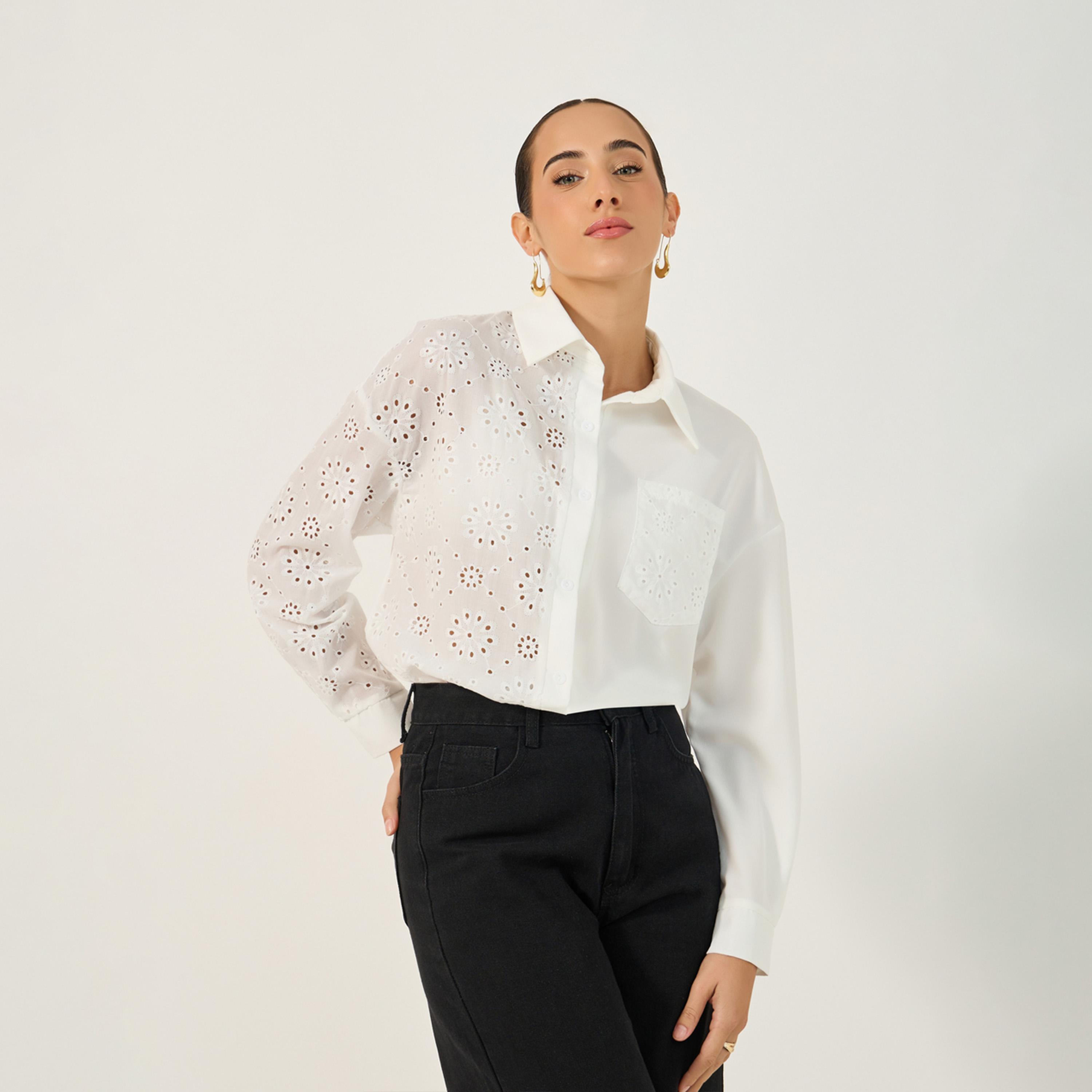 Styli Schiffli Regular Fit Spread Collar Shirt With Pocket-women-clothing-shirtsandblouses-shirts-image-3