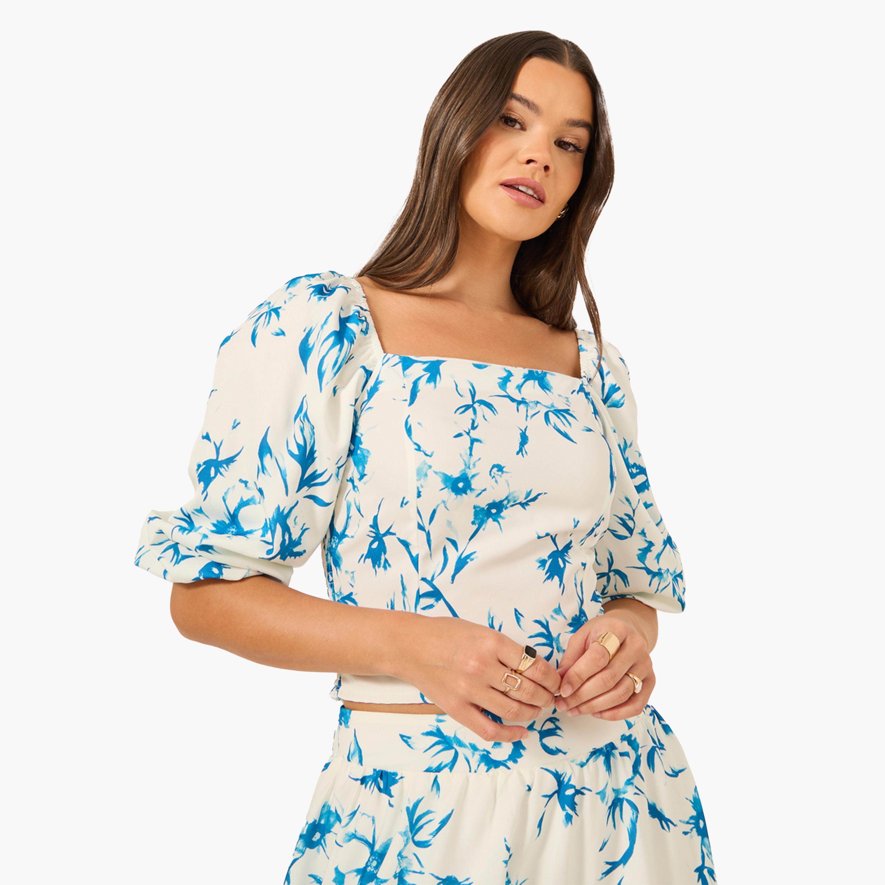 ستايلي-  بلوزة بأكمام منتفخة وطبعة زهور-women-clothing-shirtsandblouses-blouses-image-1