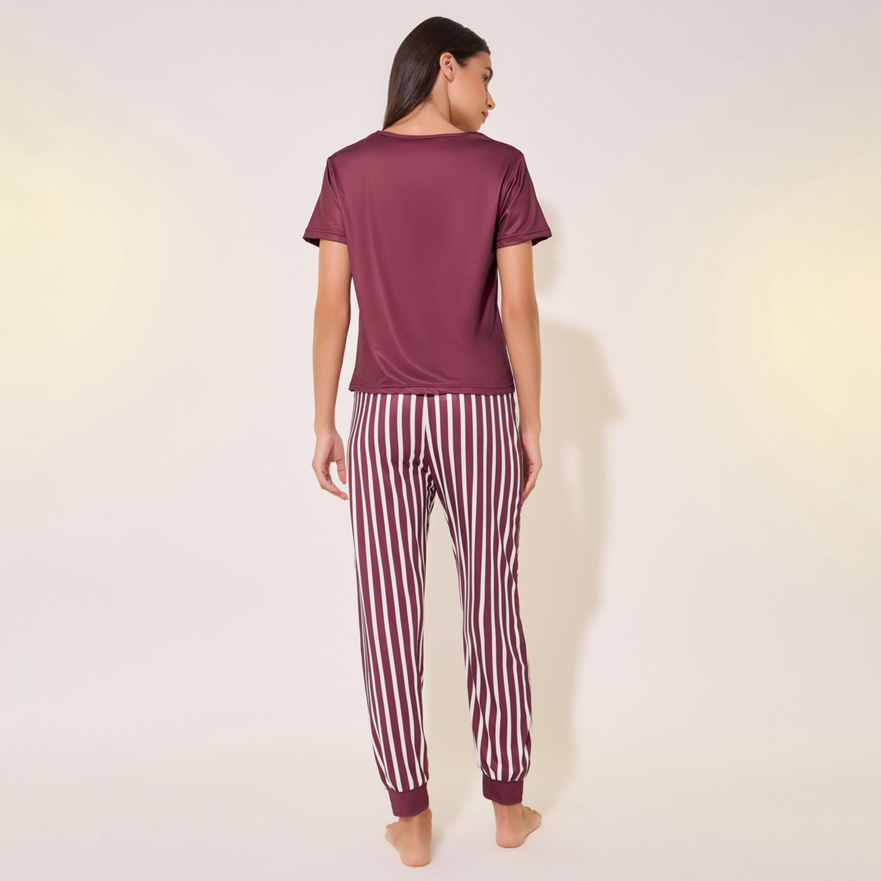 Take Two Slogan Graphic T-Shirt and Striped Pyjama Set-women-clothing-nightwear-pyjamas-longsets-image-6