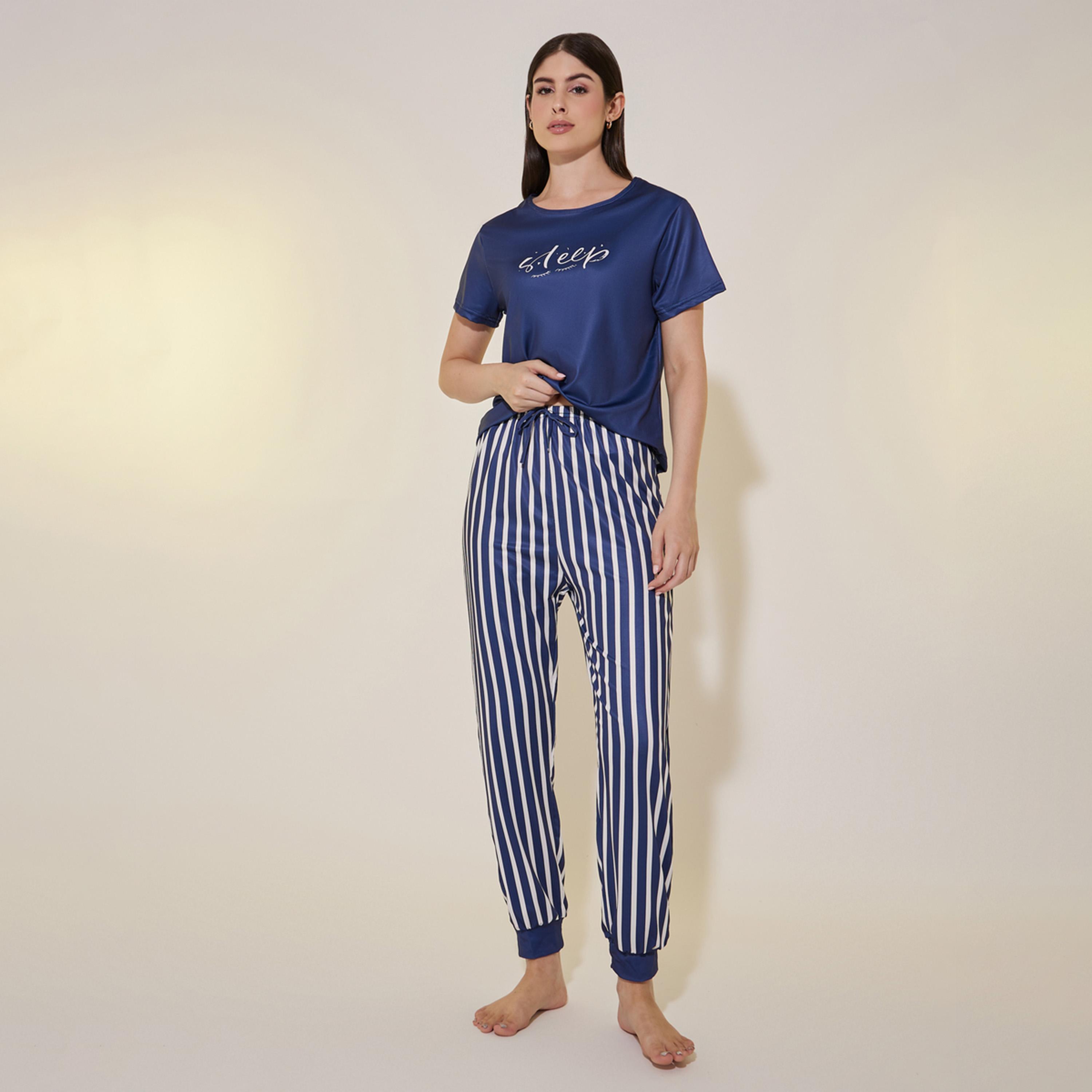 Take Two Slogan Print Round Neck T-Shirt and Striped Pyjama Set-women-clothing-nightwear-pyjamas-longsets-image-1