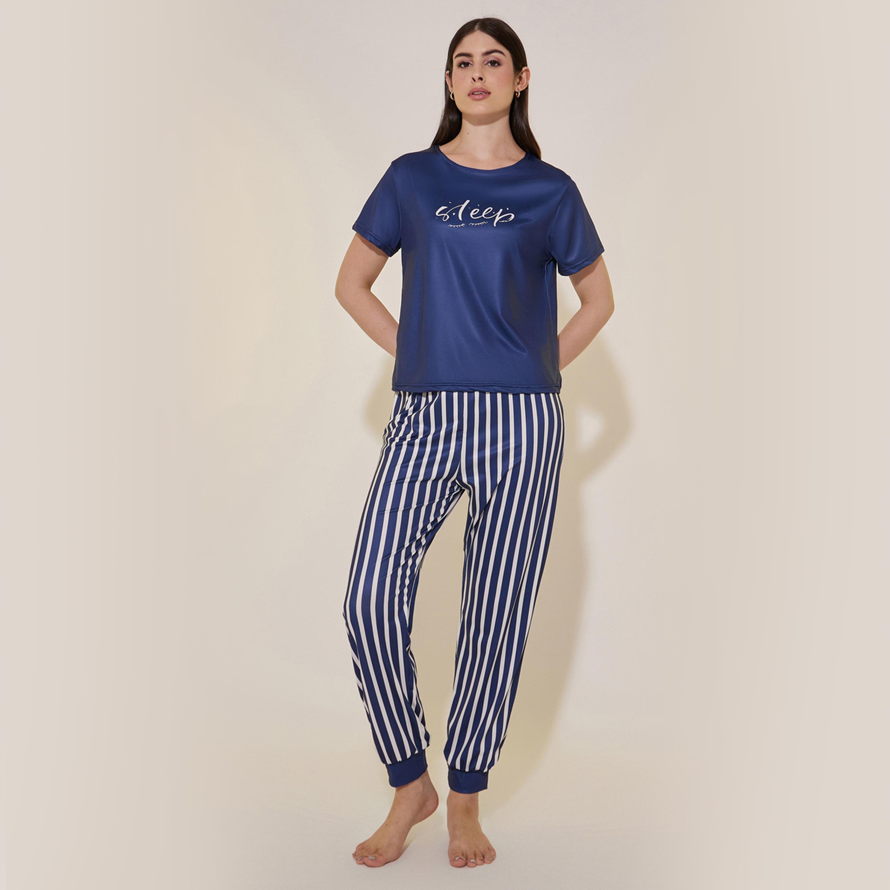 Take Two Slogan Print Round Neck T-Shirt and Striped Pyjama Set-women-clothing-nightwear-pyjamas-longsets-image-2