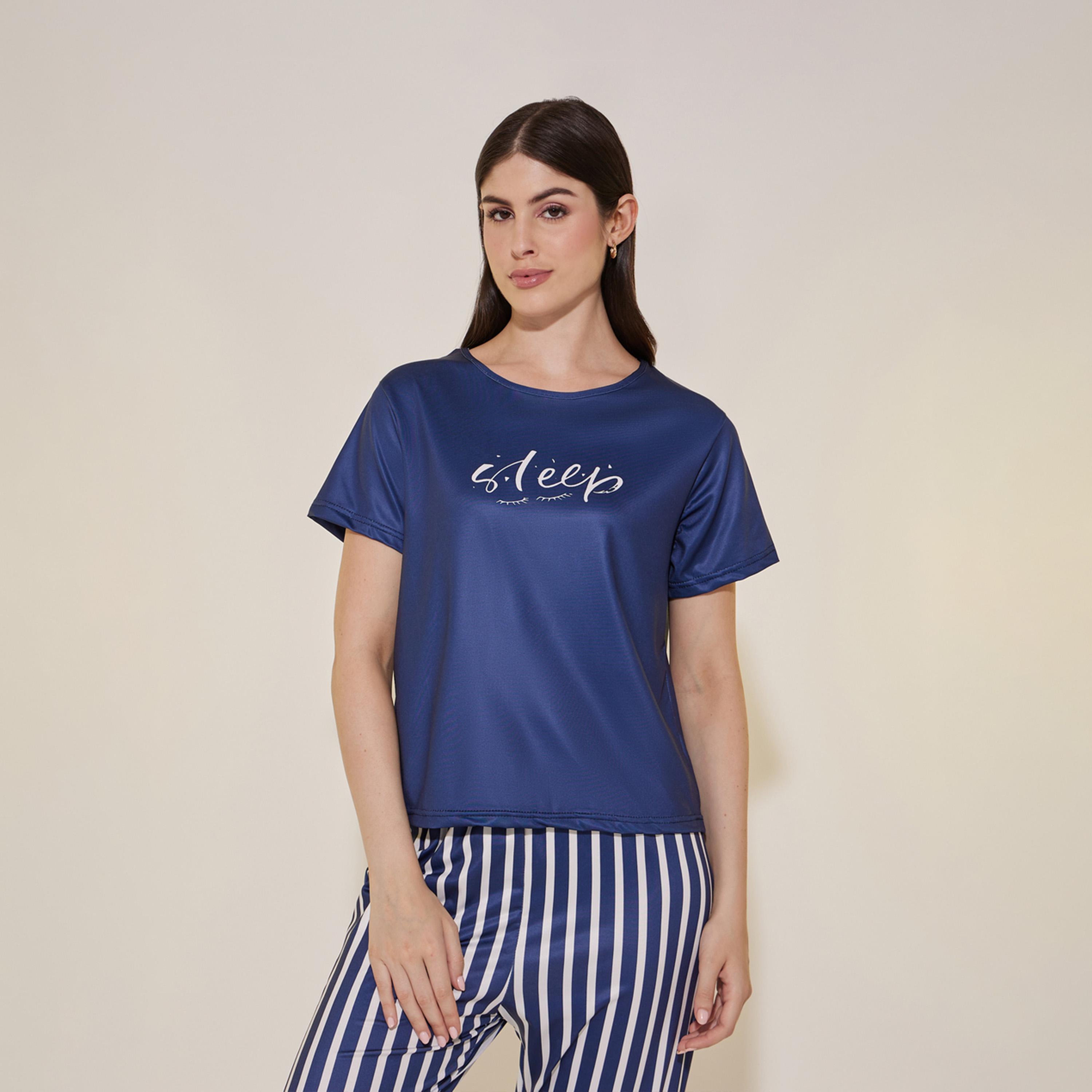 Take Two Slogan Print Round Neck T-Shirt and Striped Pyjama Set-women-clothing-nightwear-pyjamas-longsets-image-3