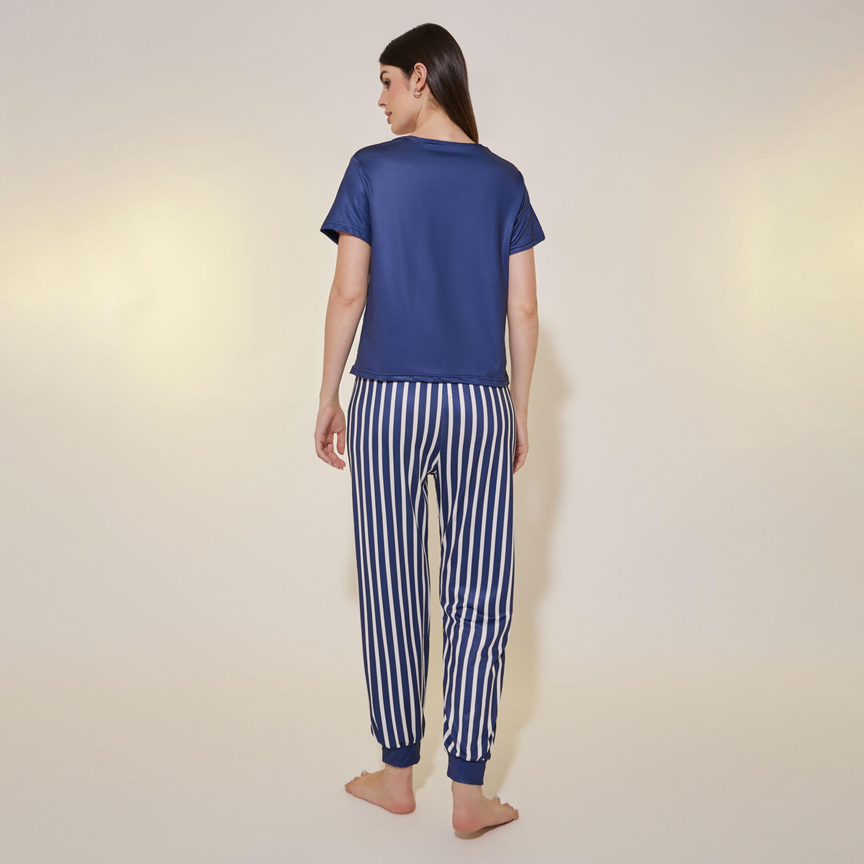 Take Two Slogan Print Round Neck T-Shirt and Striped Pyjama Set-women-clothing-nightwear-pyjamas-longsets-image-5