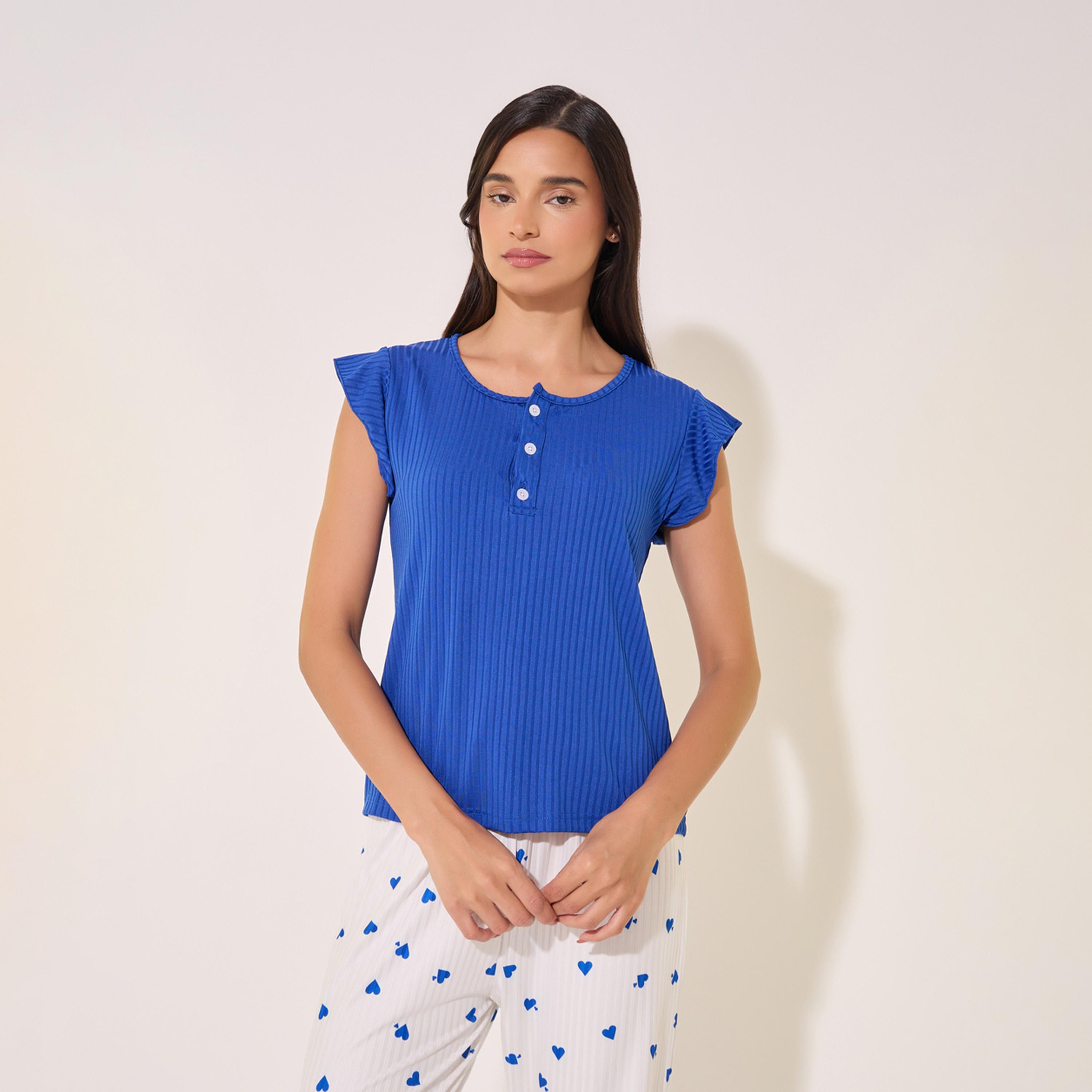 Take Two Flounce Short Sleeve T-Shirt and Printed Pyjama Set-women-clothing-nightwear-pyjamas-longsets-image-3