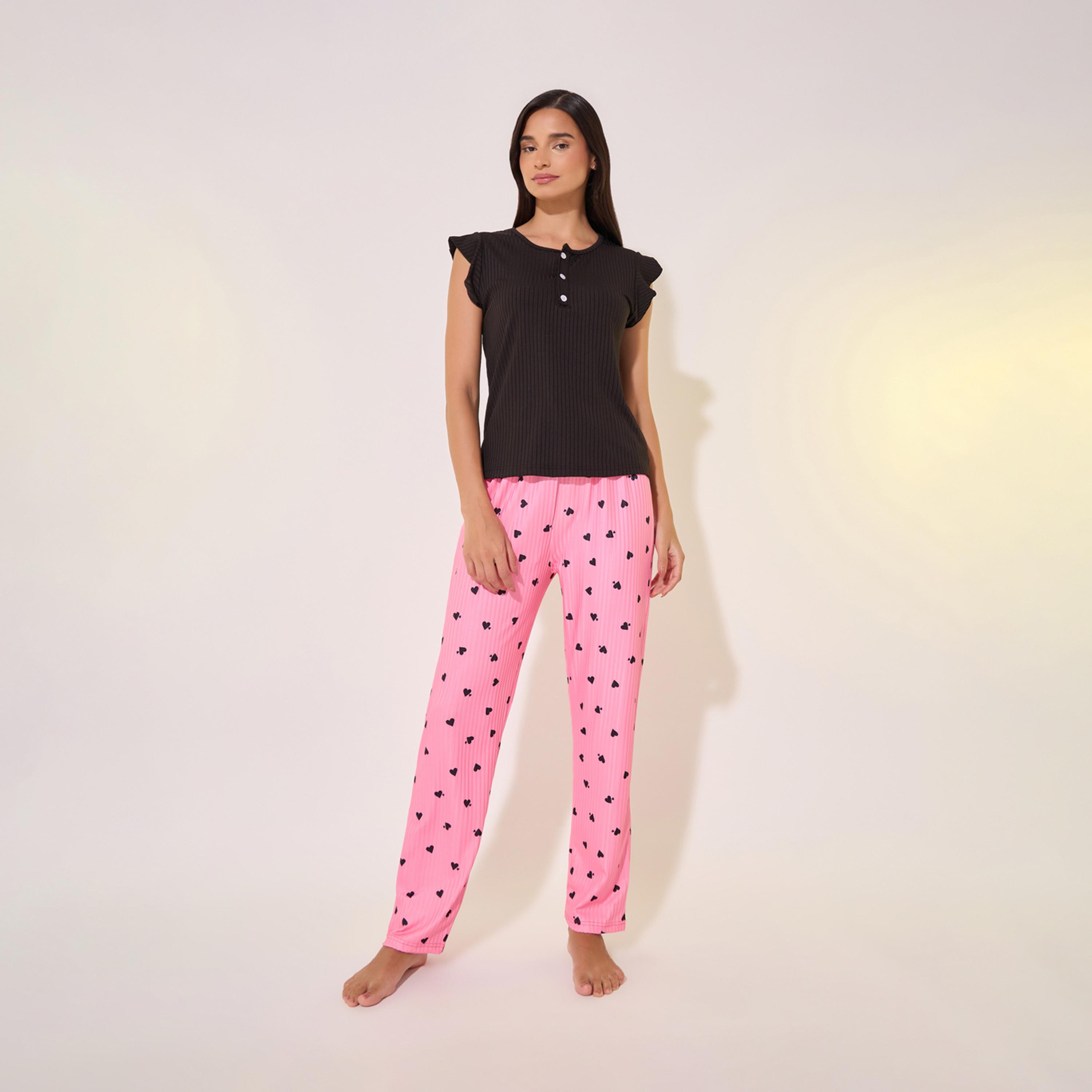 Take Two Flounce Short Sleeve T-Shirt and Printed Pyjama Set-women-clothing-nightwear-pyjamas-longsets-image-1