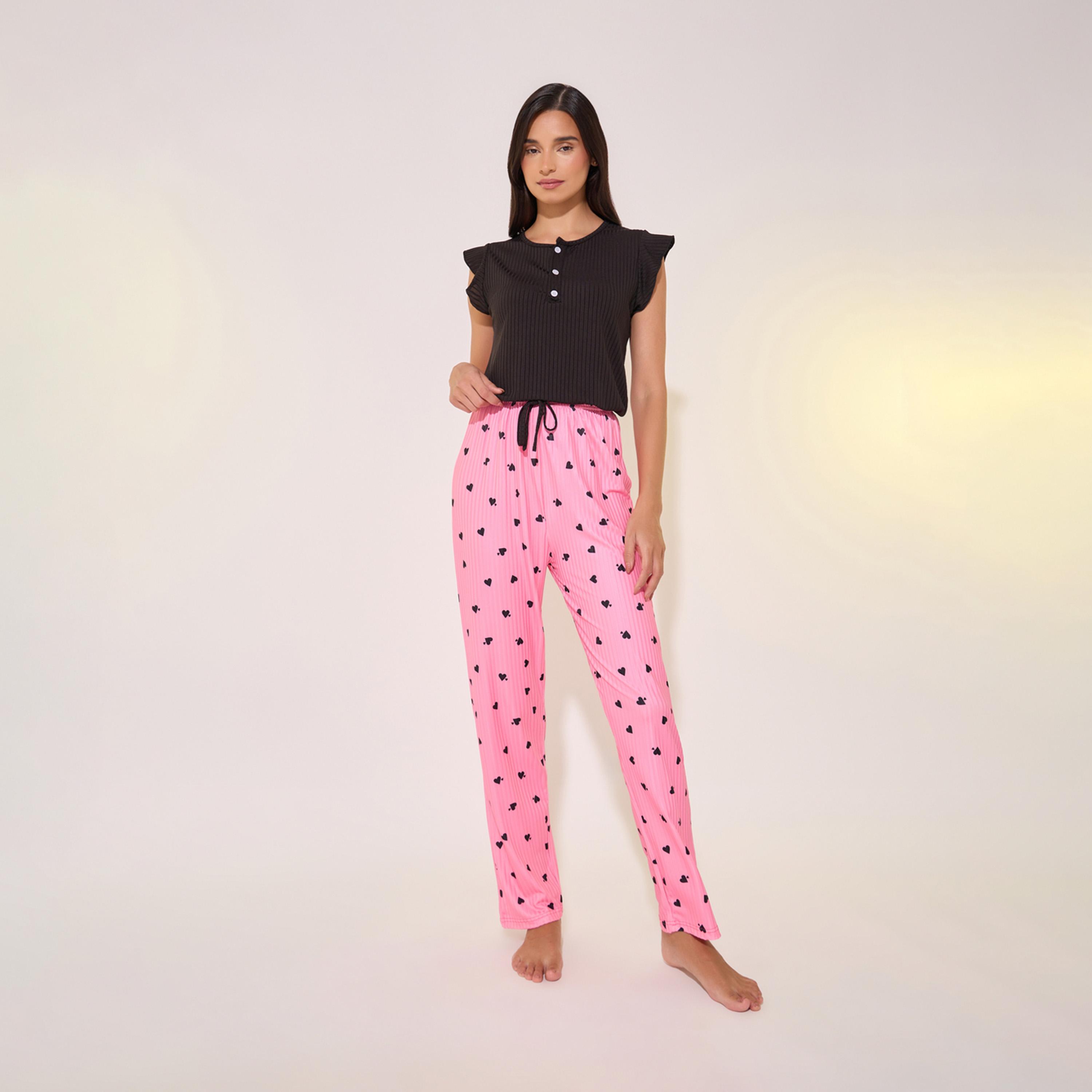 Take Two Flounce Short Sleeve T-Shirt and Printed Pyjama Set-women-clothing-nightwear-pyjamas-longsets-image-2
