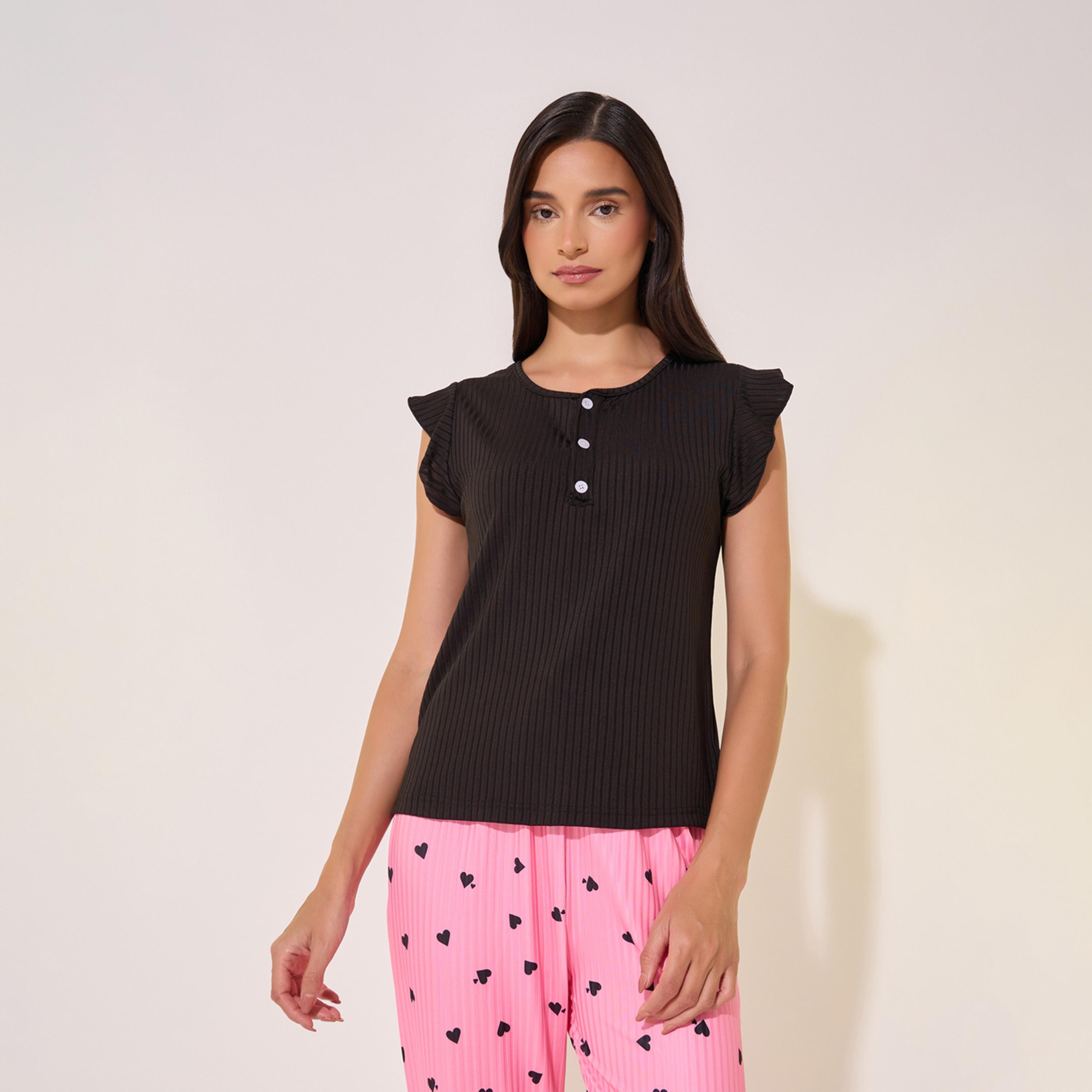 Take Two Flounce Short Sleeve T-Shirt and Printed Pyjama Set-women-clothing-nightwear-pyjamas-longsets-image-3
