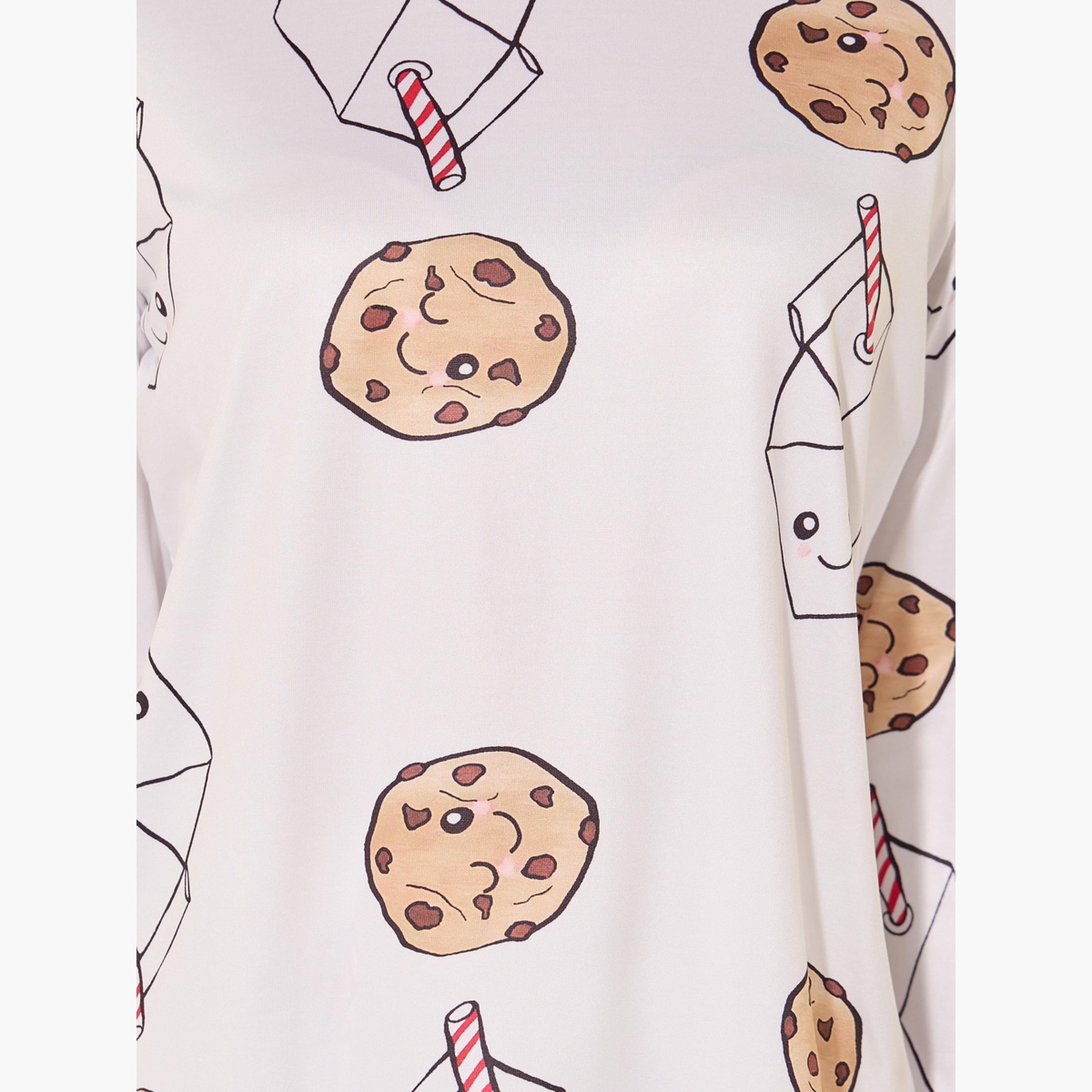 طقم من بنطال بيجاما وتيشيرت مطبع بالكامل بياقة دائرية-women-clothing-nightwear-pyjamas-longsets-image-4