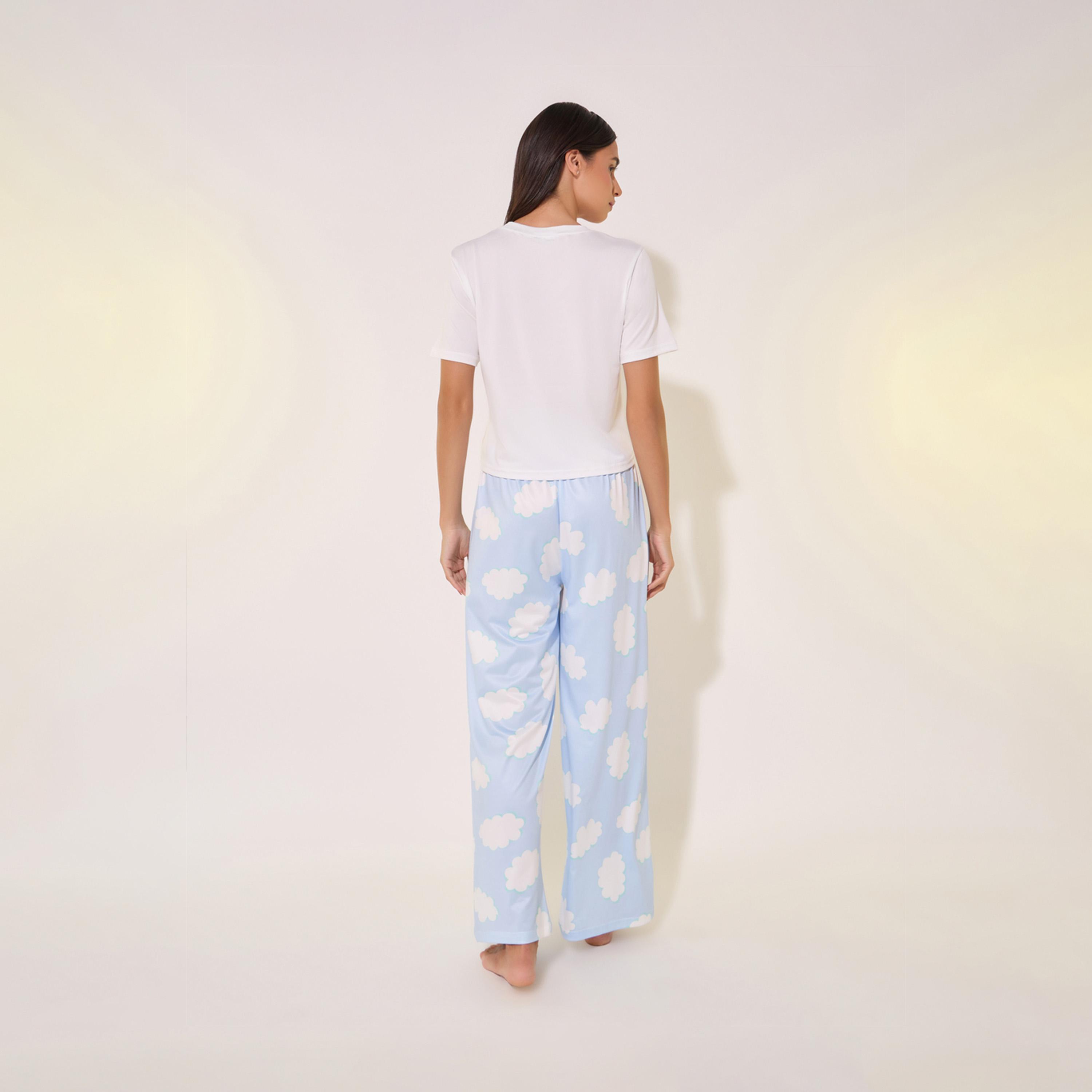 طقم من بنطال بيجاما وتيشيرت سادة بياقة دائرية-women-clothing-nightwear-pyjamas-longsets-image-2