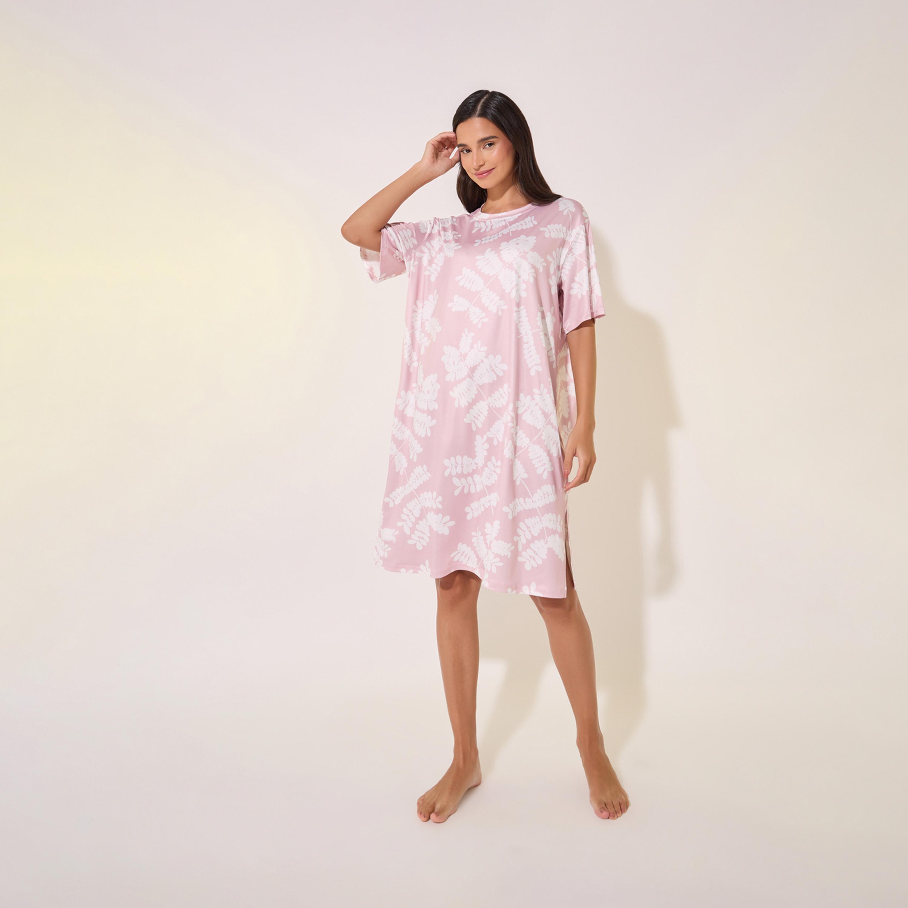 Take Two All-Over Print Round Neck Sleep T-Shirt Dress-women-clothing-nightwear-nighties-image-1