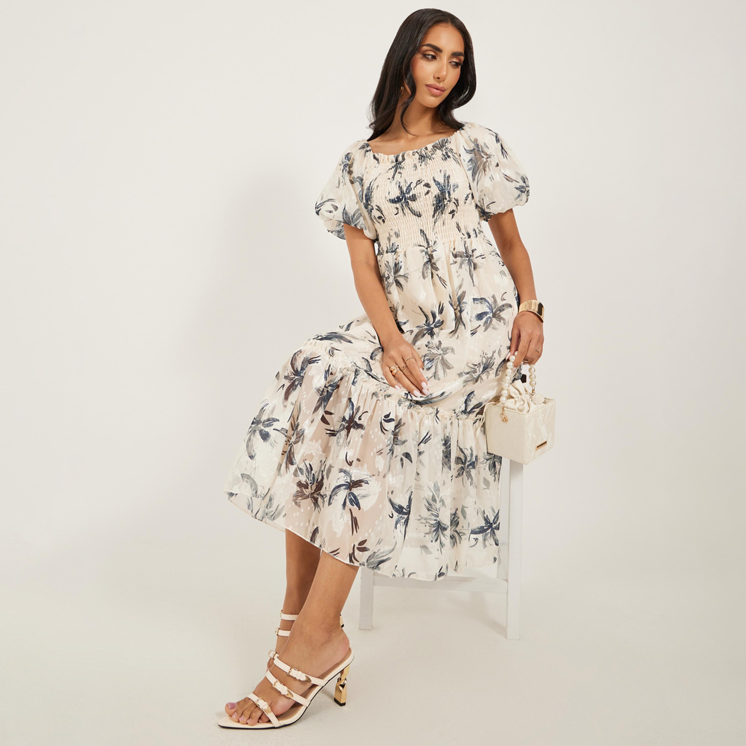 Styli Floral Print Smocked Balloon Sleeves A-Line Midi Dress-women-clothing-dresses-image-1