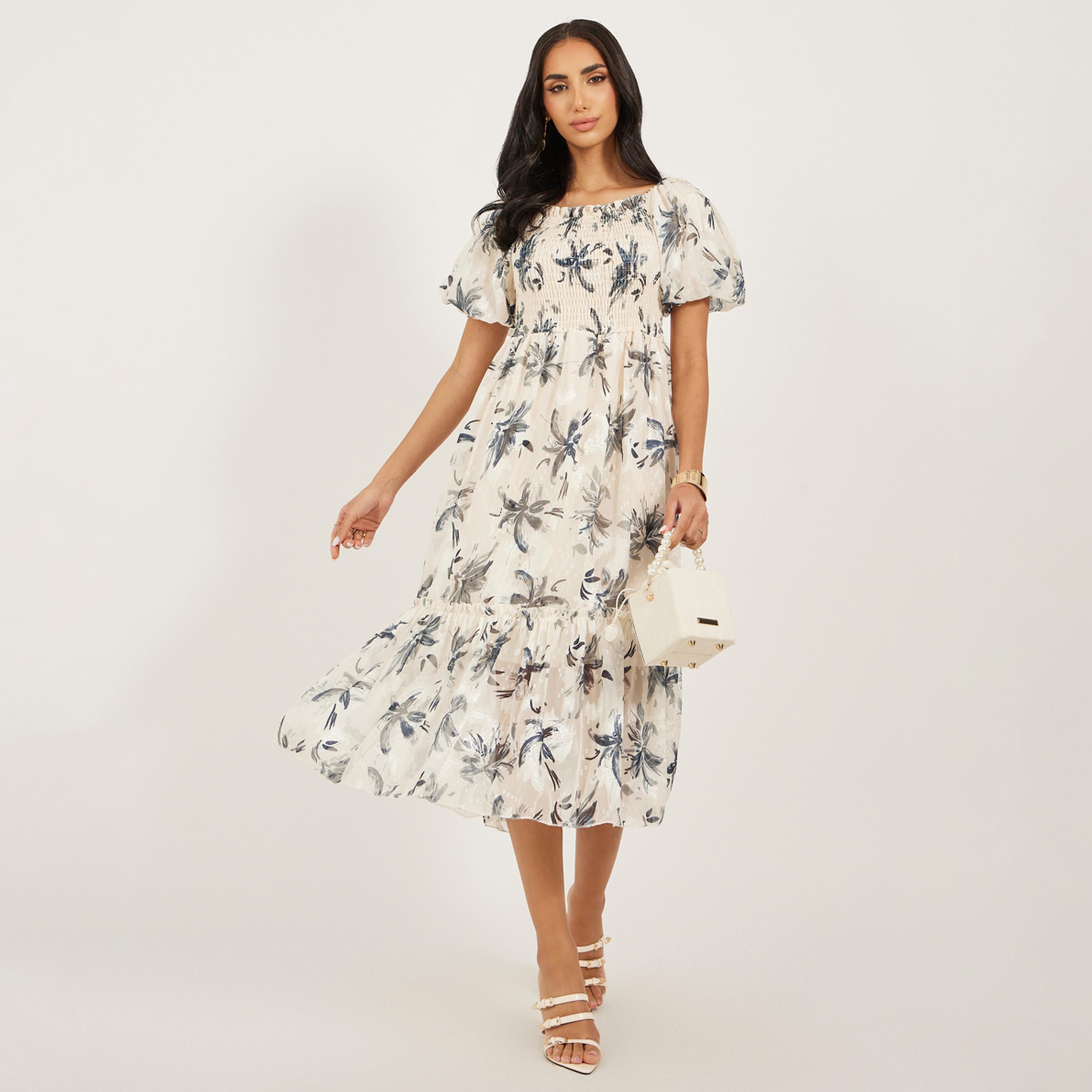 ستايلي - فستان متوسط الطول بقصة A وأكمام منفوخة وطبعة زهور-women-clothing-dresses-image-2