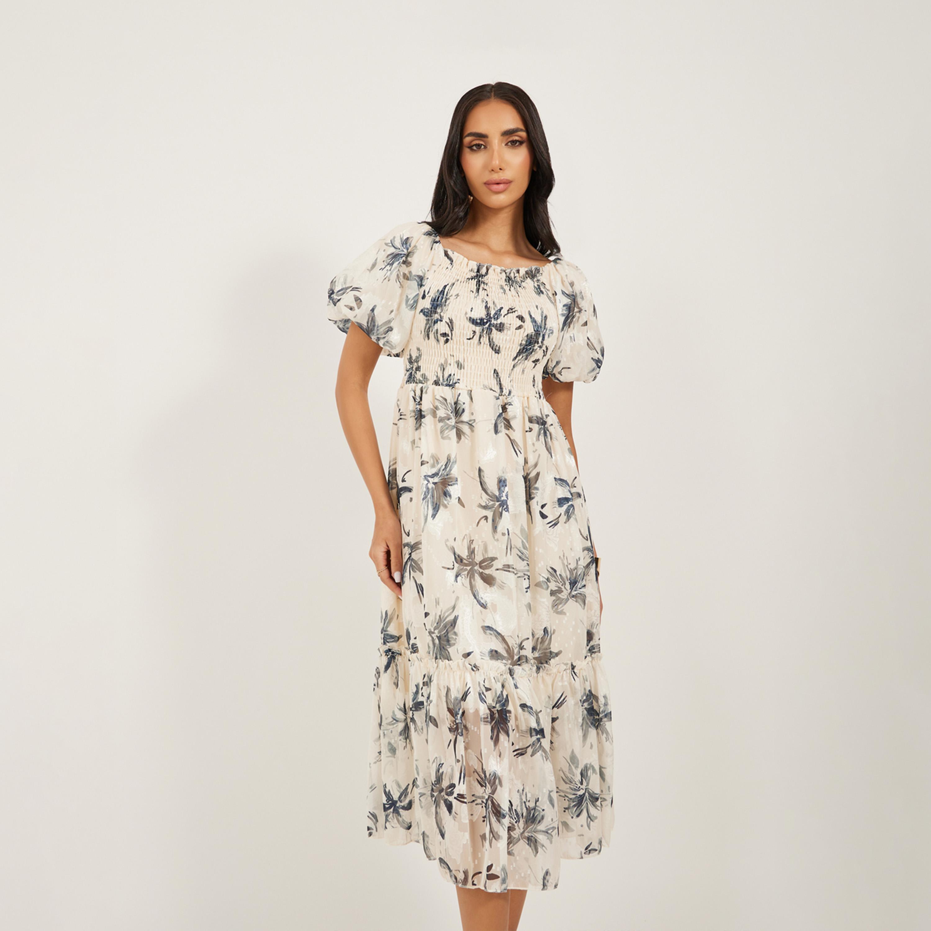 Styli Floral Print Smocked Balloon Sleeves A-Line Midi Dress-women-clothing-dresses-image-3