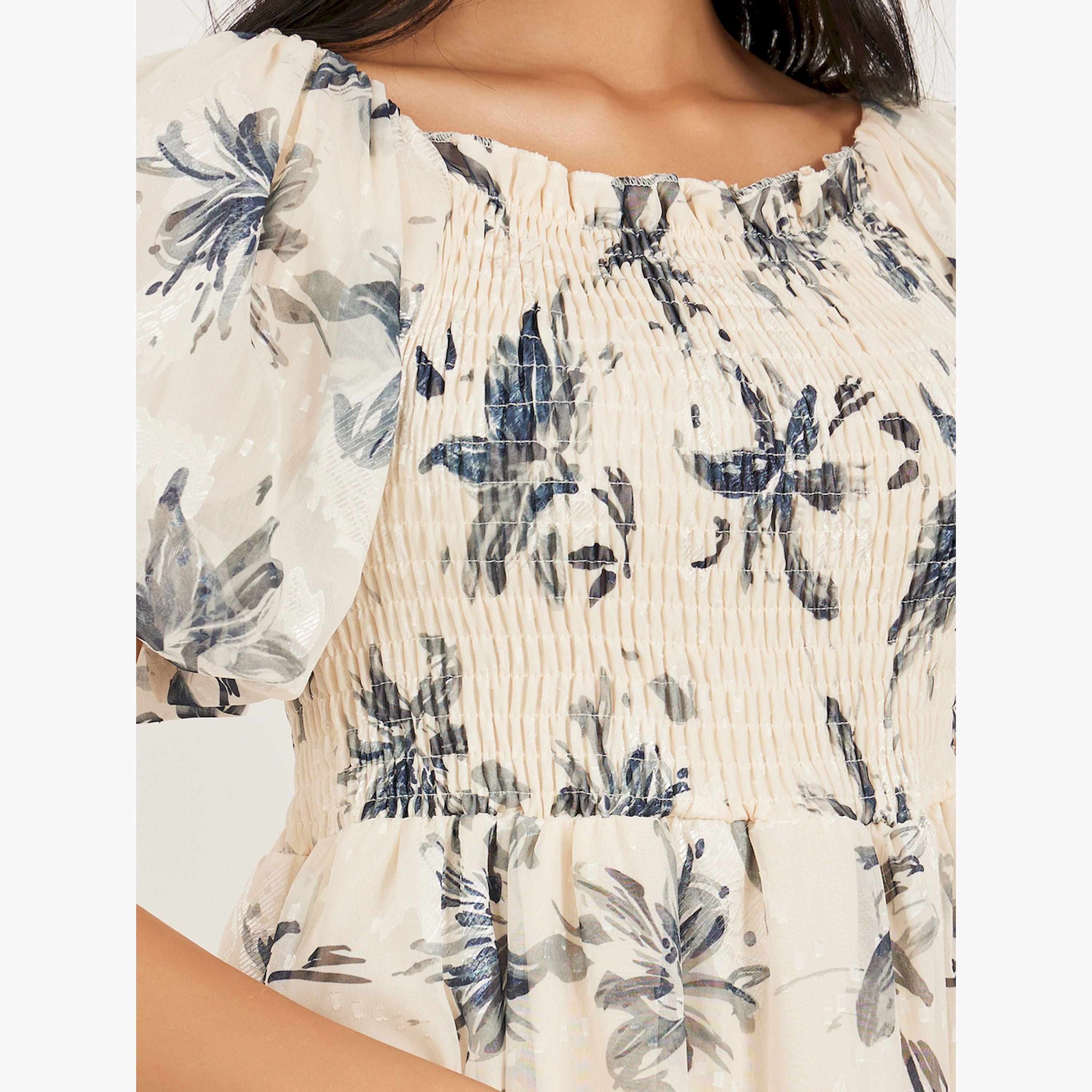 Styli Floral Print Smocked Balloon Sleeves A-Line Midi Dress-women-clothing-dresses-image-4