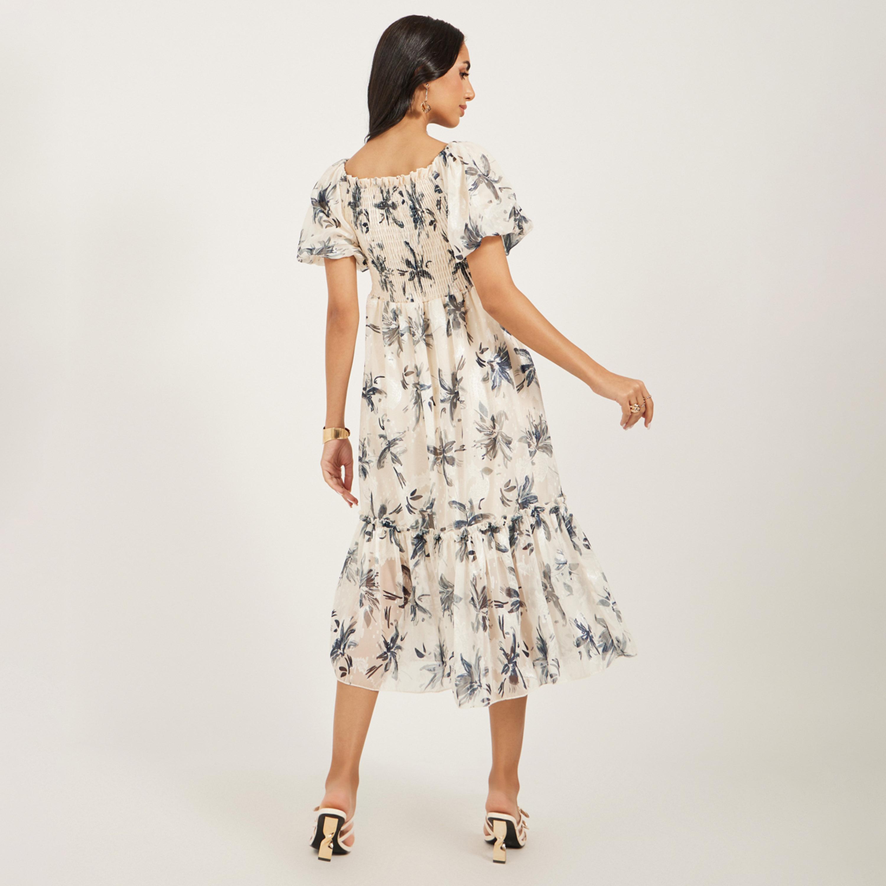 Styli Floral Print Smocked Balloon Sleeves A-Line Midi Dress-women-clothing-dresses-image-5