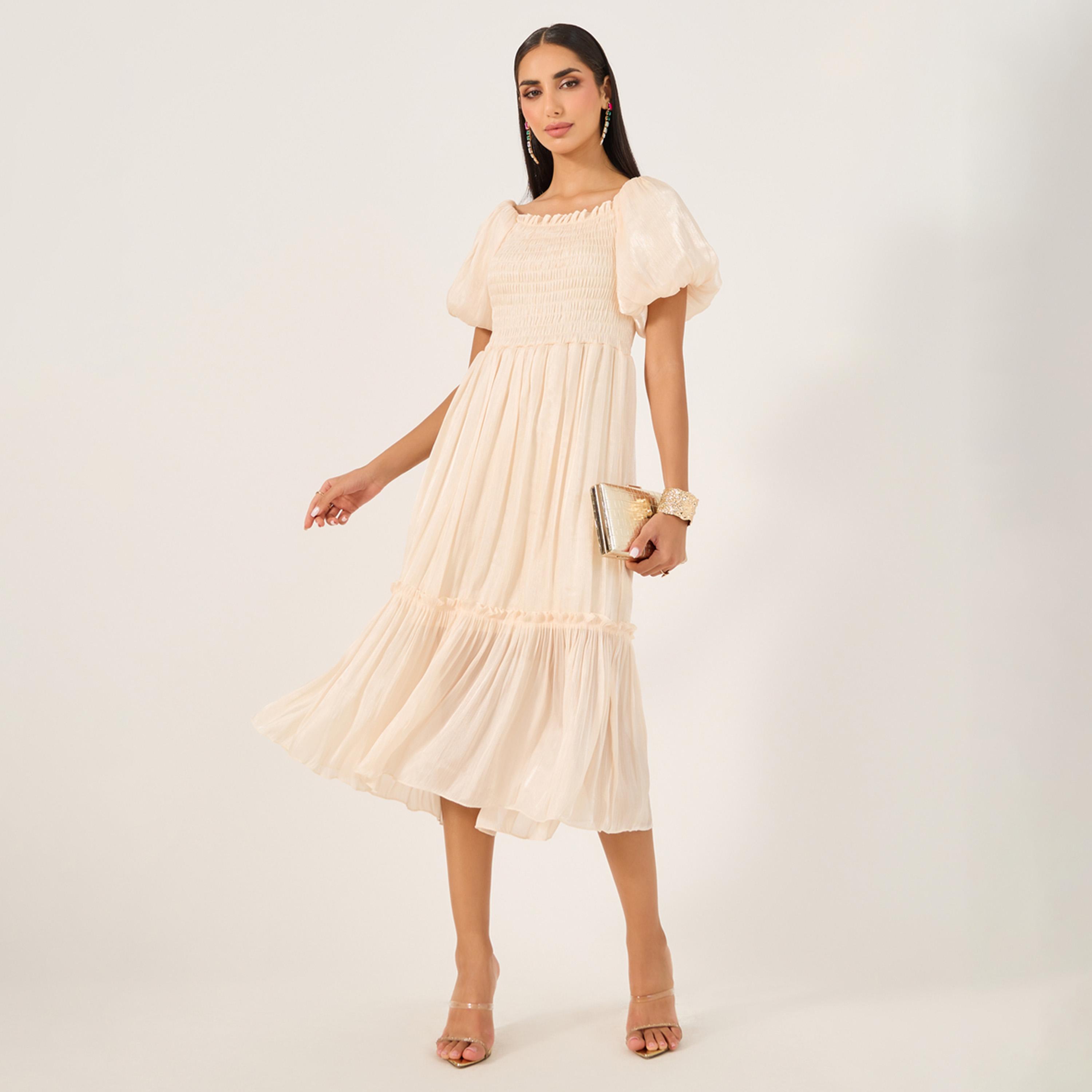 ستايلي - فستان متوسط الطول بأكمام منتفخة وتفاصيل مجمعة وقصة A-women-clothing-dresses-image-1