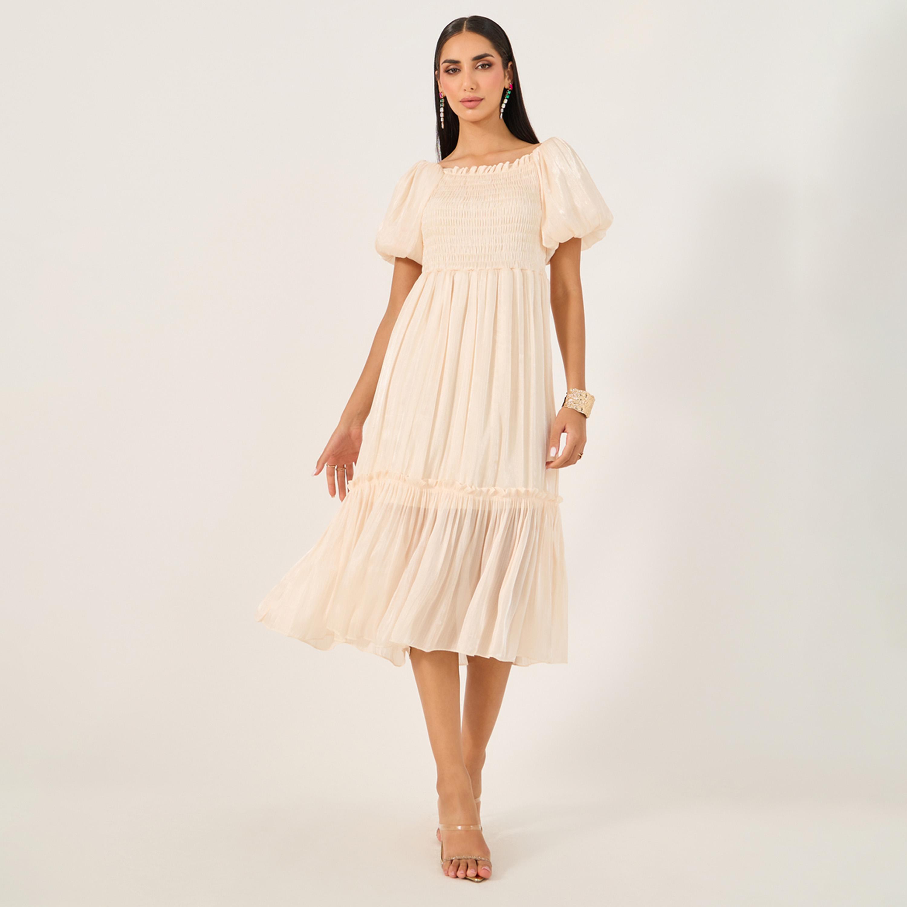 ستايلي - فستان متوسط الطول بأكمام منتفخة وتفاصيل مجمعة وقصة A-women-clothing-dresses-image-2