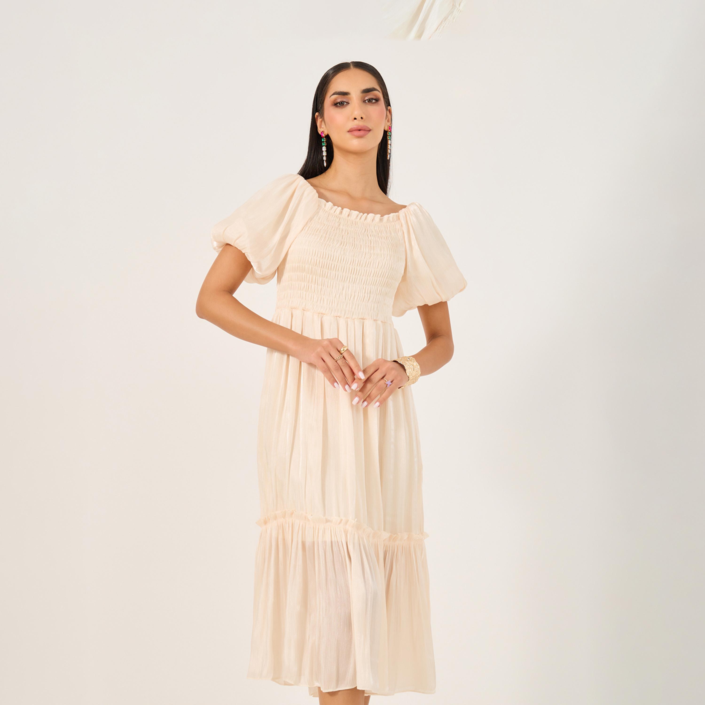 ستايلي - فستان متوسط الطول بأكمام منتفخة وتفاصيل مجمعة وقصة A-women-clothing-dresses-image-3