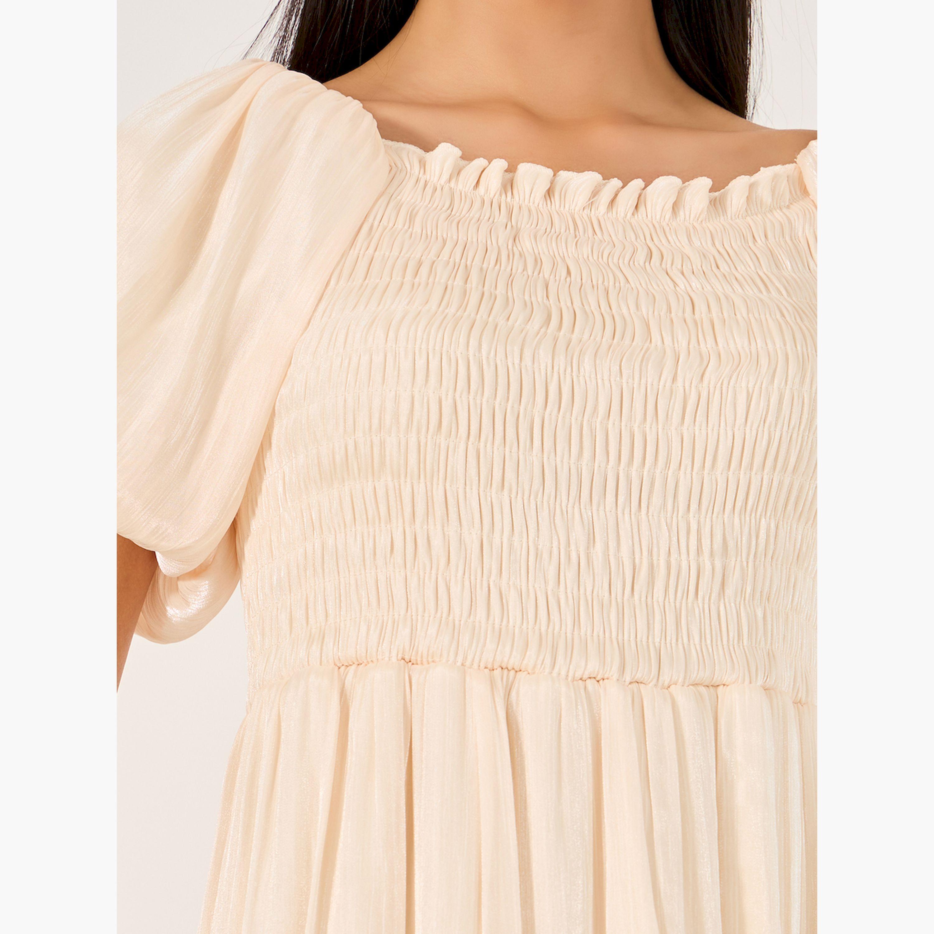 ستايلي - فستان متوسط الطول بأكمام منتفخة وتفاصيل مجمعة وقصة A-women-clothing-dresses-image-4