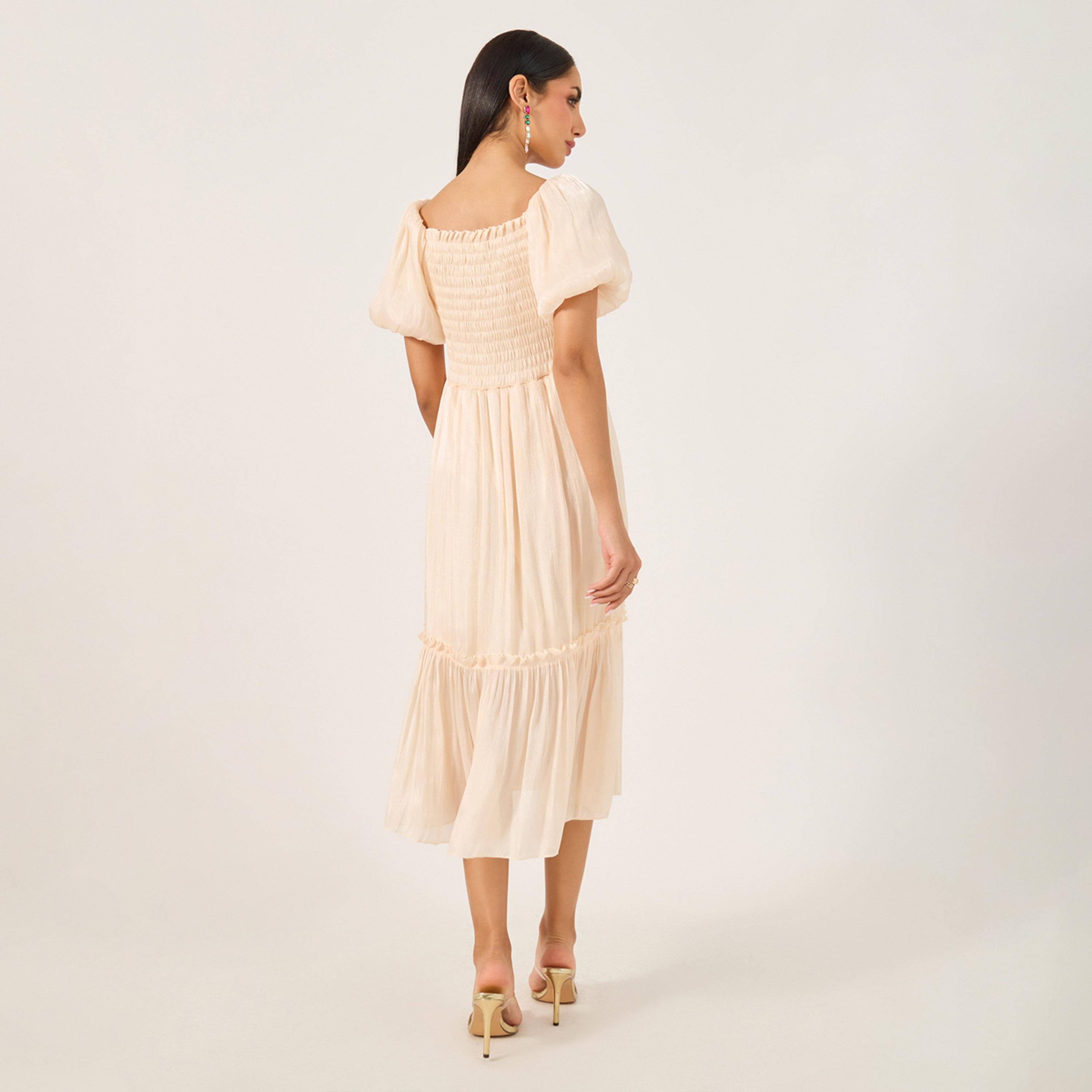 ستايلي - فستان متوسط الطول بأكمام منتفخة وتفاصيل مجمعة وقصة A-women-clothing-dresses-image-5