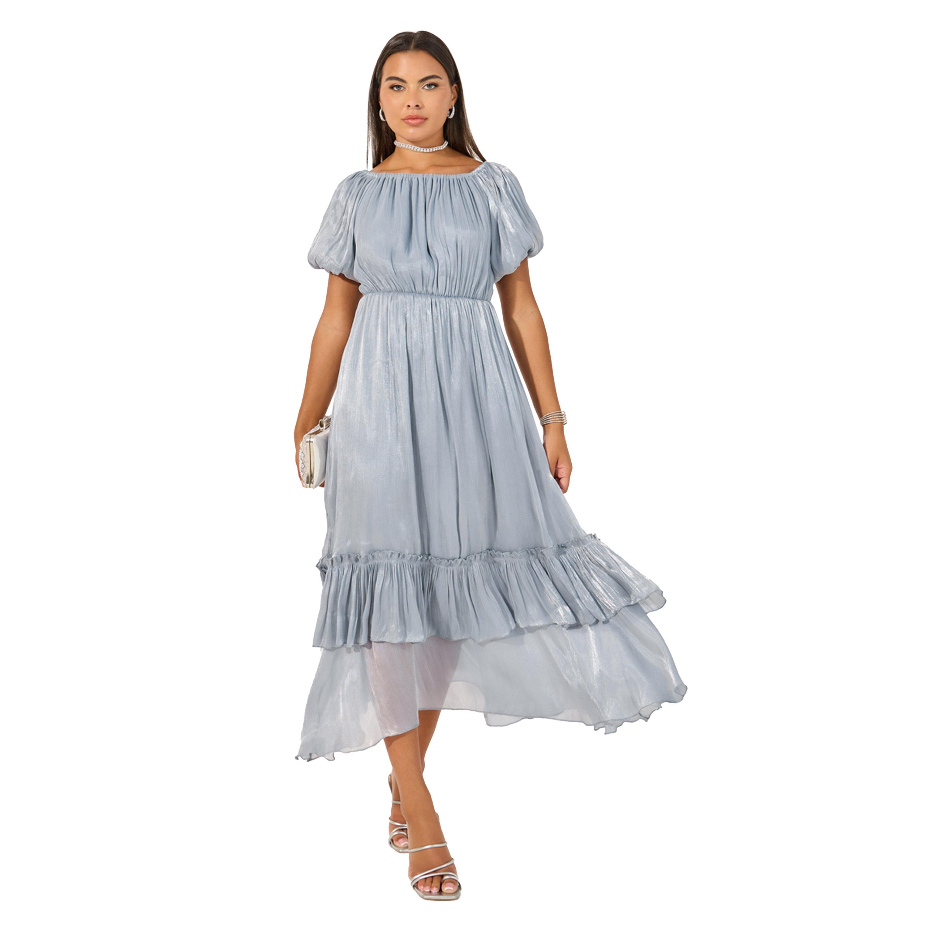ستايلي- فستان ماكسي سادة بأكمام منفوخة وقصة A وبطانة متعددة الطبقات-women-clothing-dresses-image-2