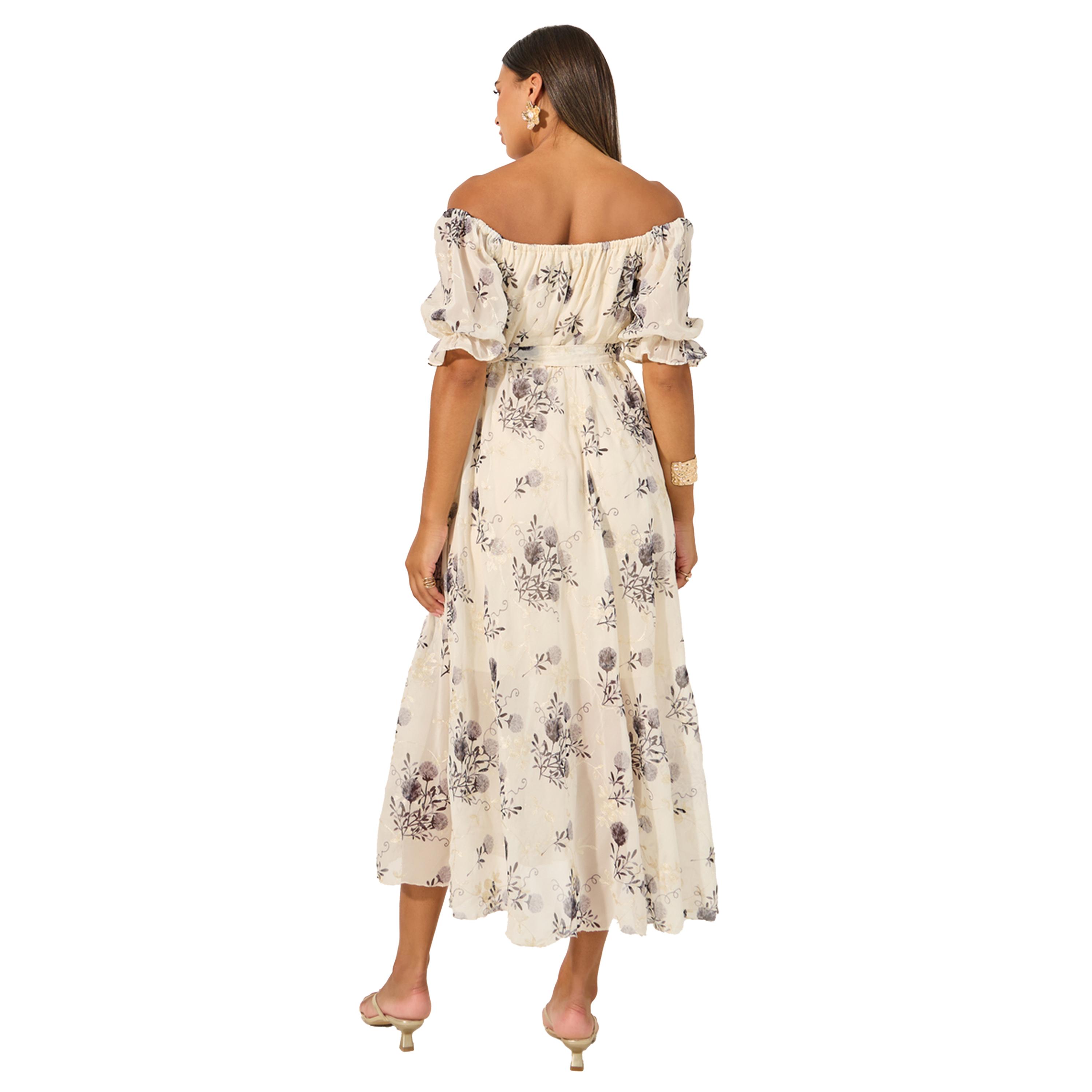 ستايلي - فستان ميدي بطبعة زهور وقصّة A وكتف مكشوف-women-clothing-dresses-image-5