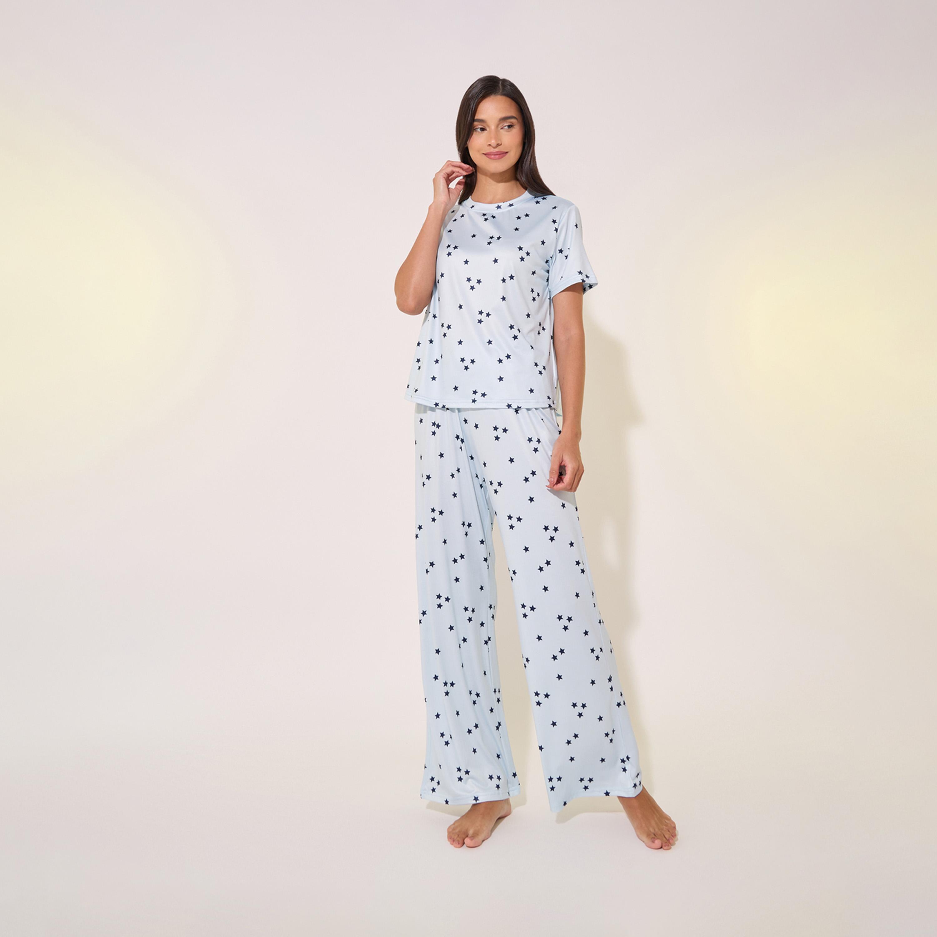 Take Two All-Over Star Print Round Neck T-Shirt and Pyjama Set-women-clothing-nightwear-pyjamas-longsets-image-1