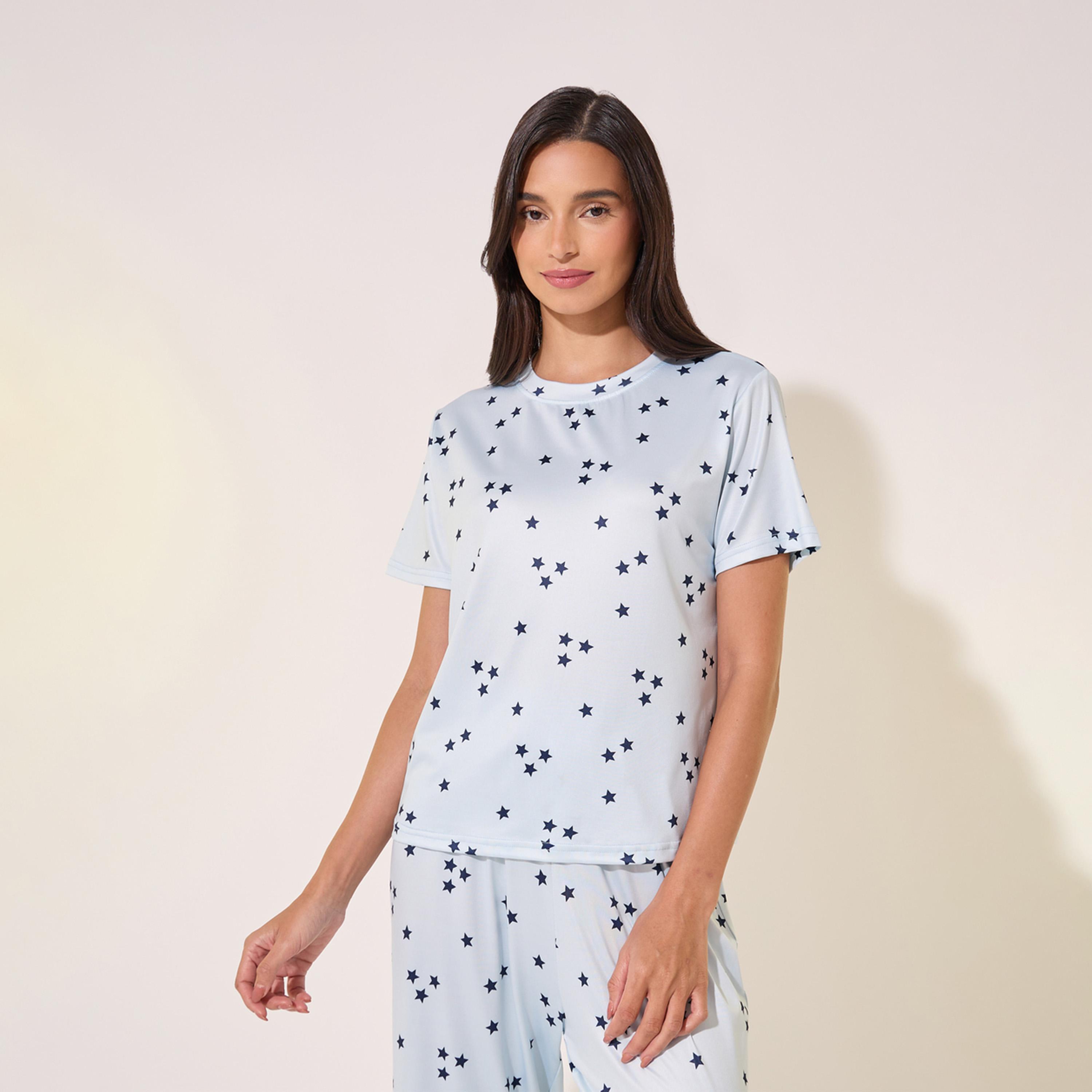 طقم من بنطال بيجاما وتيشيرت مطبع بالكامل بياقة دائرية-women-clothing-nightwear-pyjamas-longsets-image-2