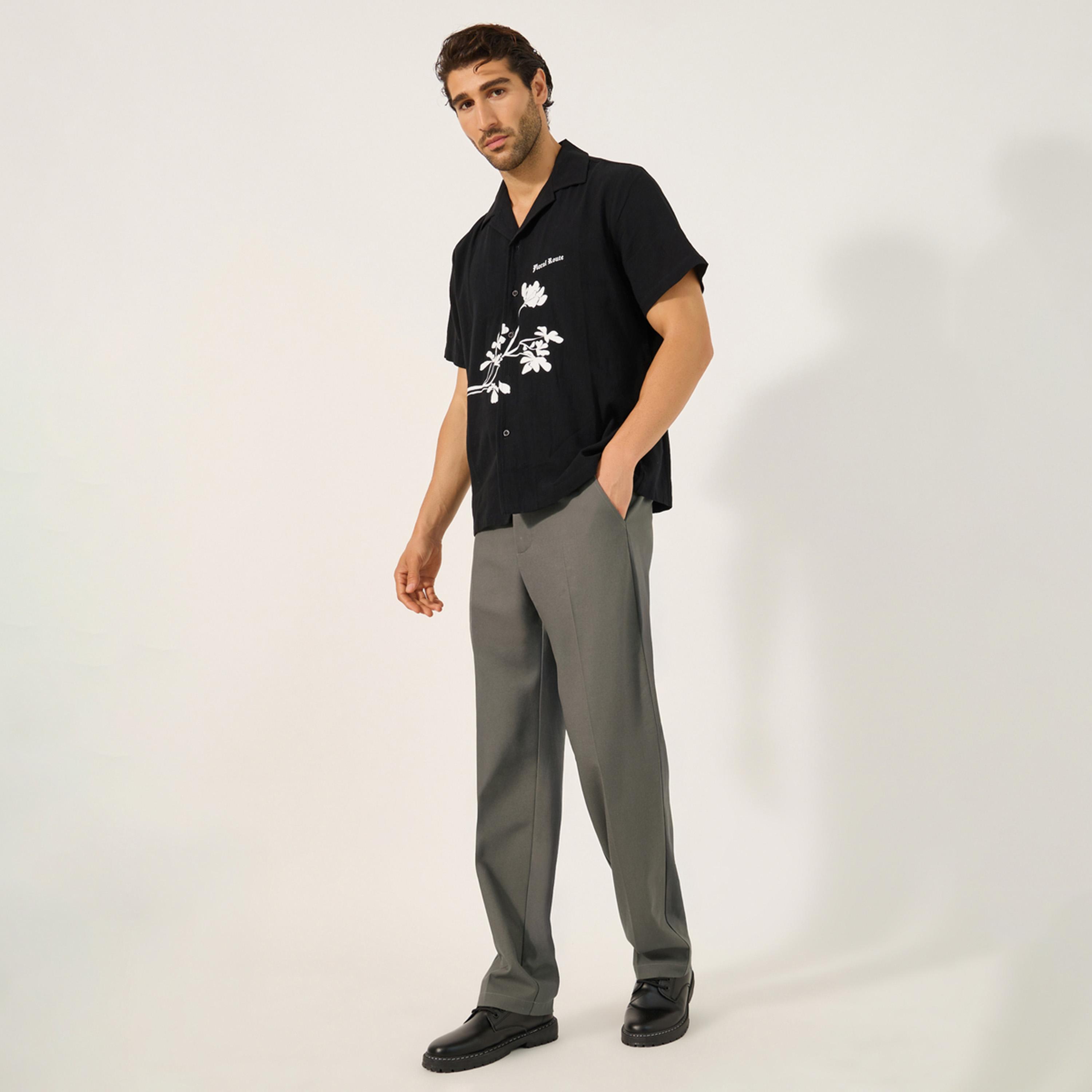 ستايلي - بنطال بخصر متوسط الارتفاع وواسع الساق من مزيج الكتان-men-clothing-bottoms-trousersandchinos-trousers-image-2