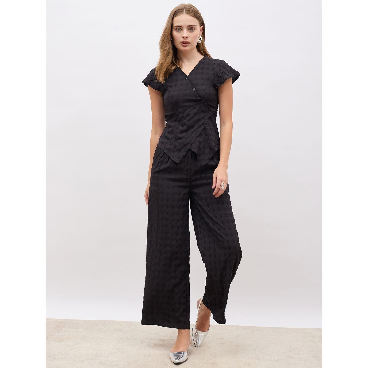 طقم منسق من بنطال بأرجل واسعة وبلوزة بحافة غير متماثلة الطول-women-clothing-coordsets-image-2