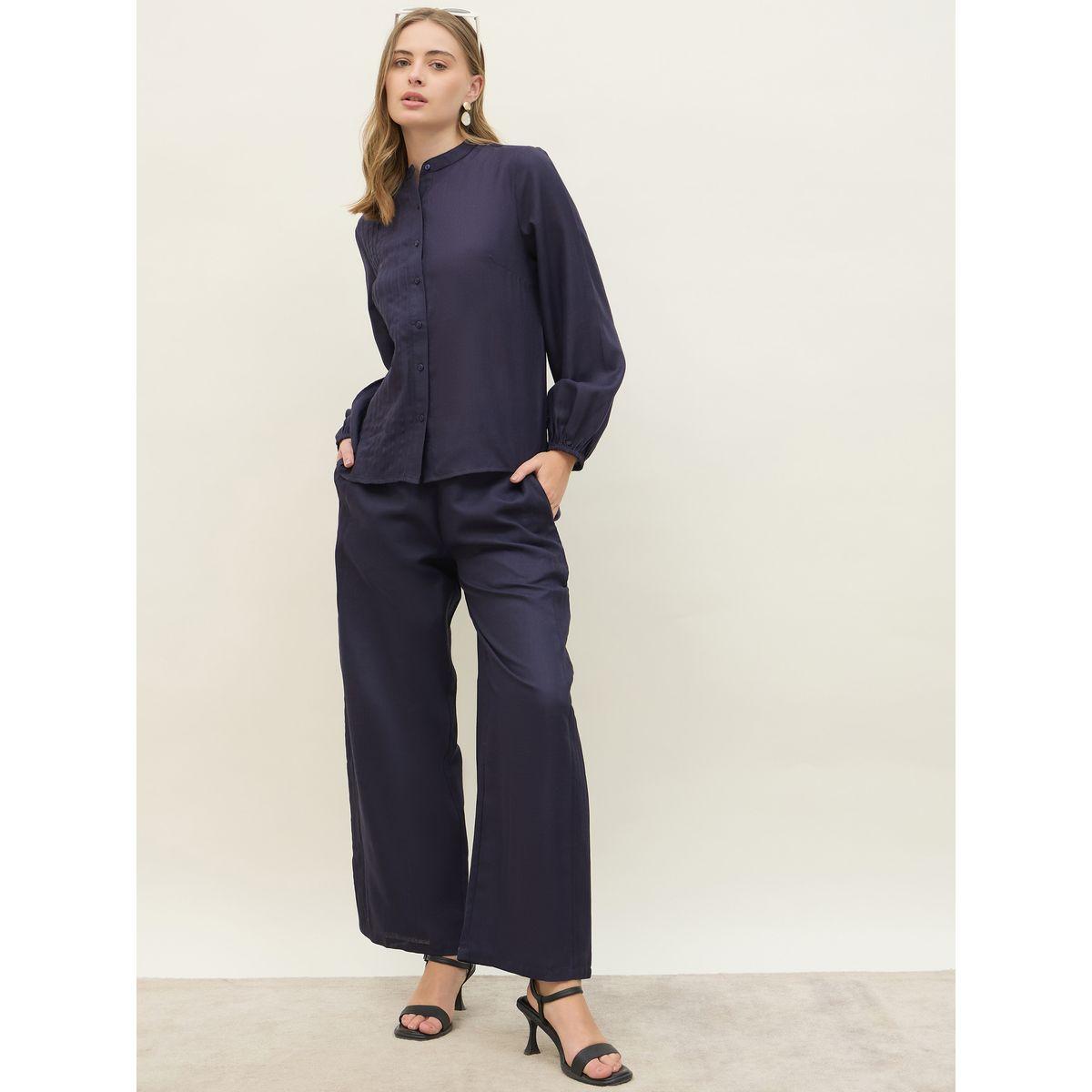 طقم منسق من بنطال وبلوزة بتفاصيل محزوزة-women-clothing-coordsets-image-1