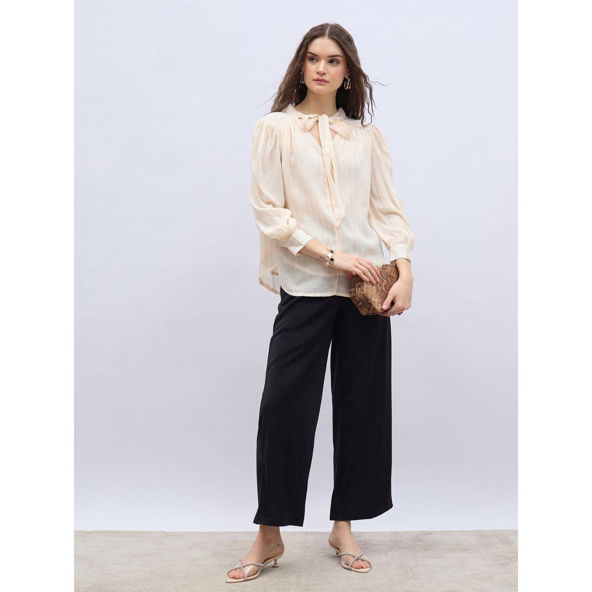 بنطال بنسيج تويل وأرجل واسعة وخصر عالي-women-clothing-bottoms-trousers-image-1