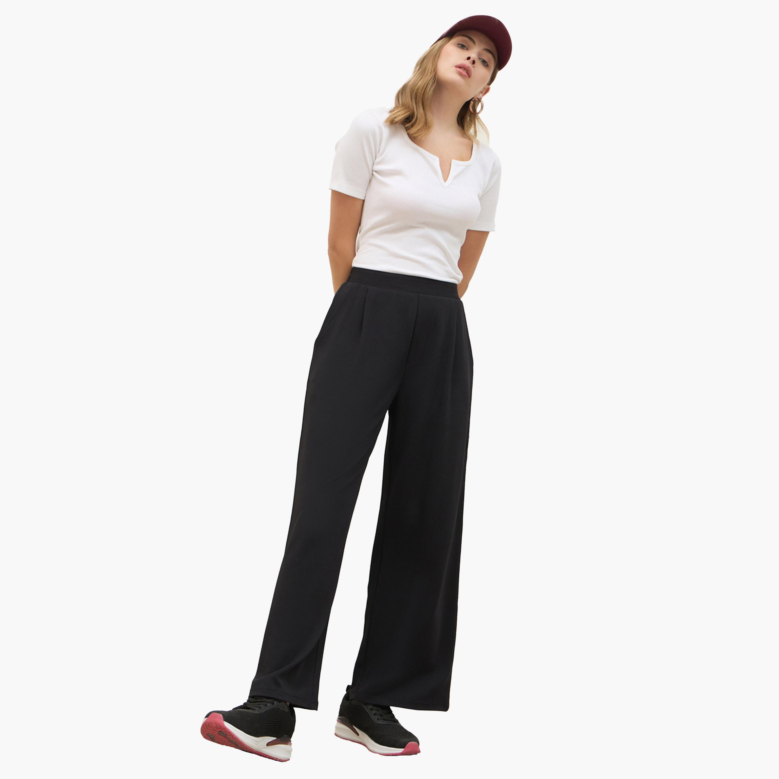 ستايلي - بنطال واسع الساق بخصر متوسط الارتفاع مع حزام خصر مطاطي-women-clothing-bottoms-trousers-image-6