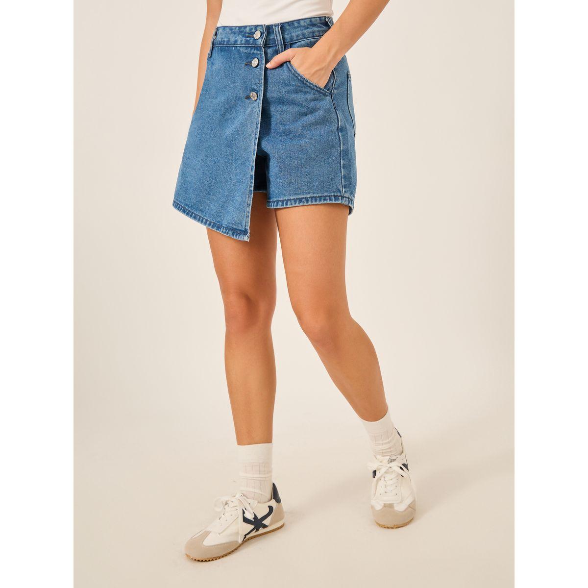 Styli Plain Asymmetric Hem Denim Skort with Belt Loops-women-clothing-bottoms-shorts-image-2