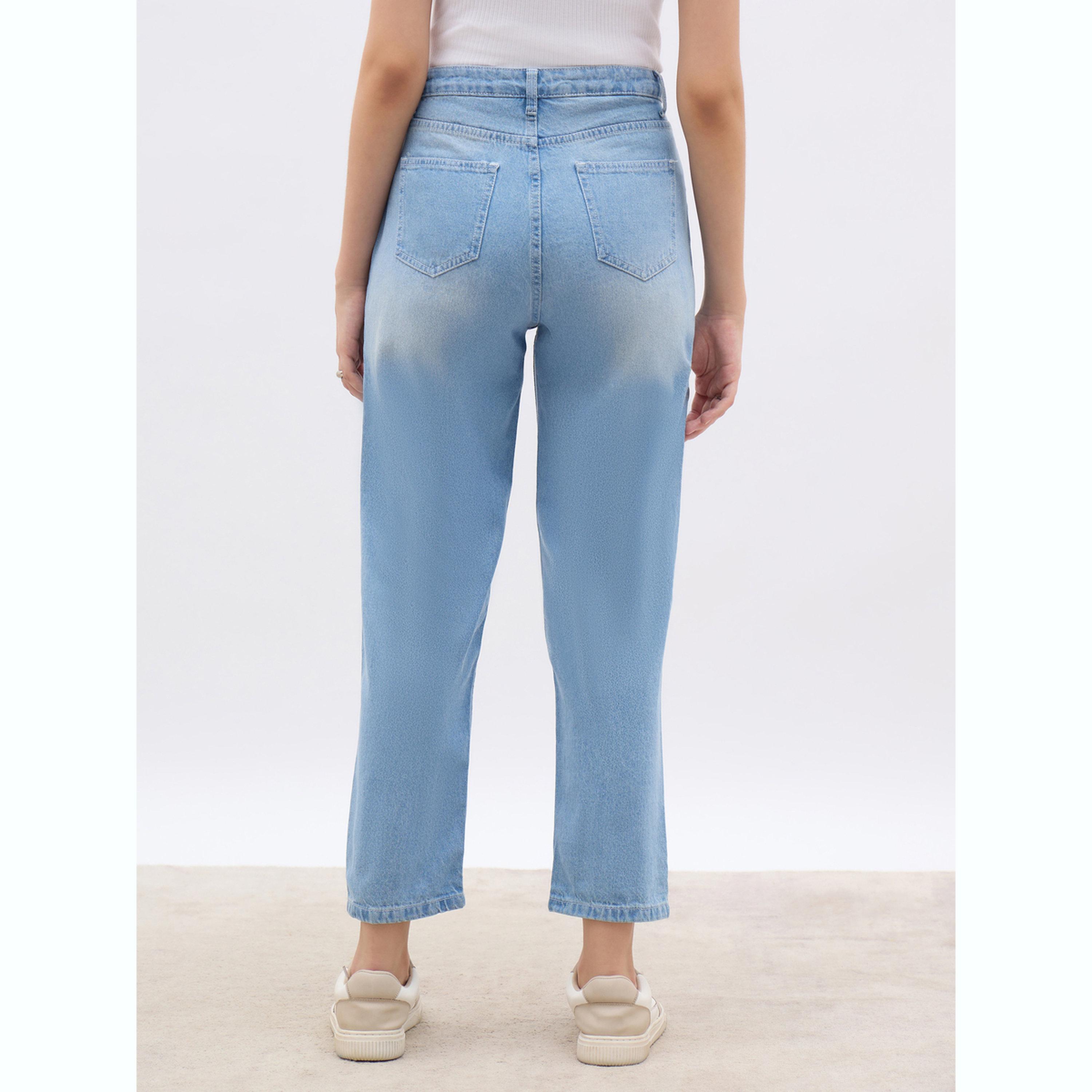جينز بقصة مستقيمة وتفاصيل باهتة مع خصر عالي-women-clothing-bottoms-jeans-image-3