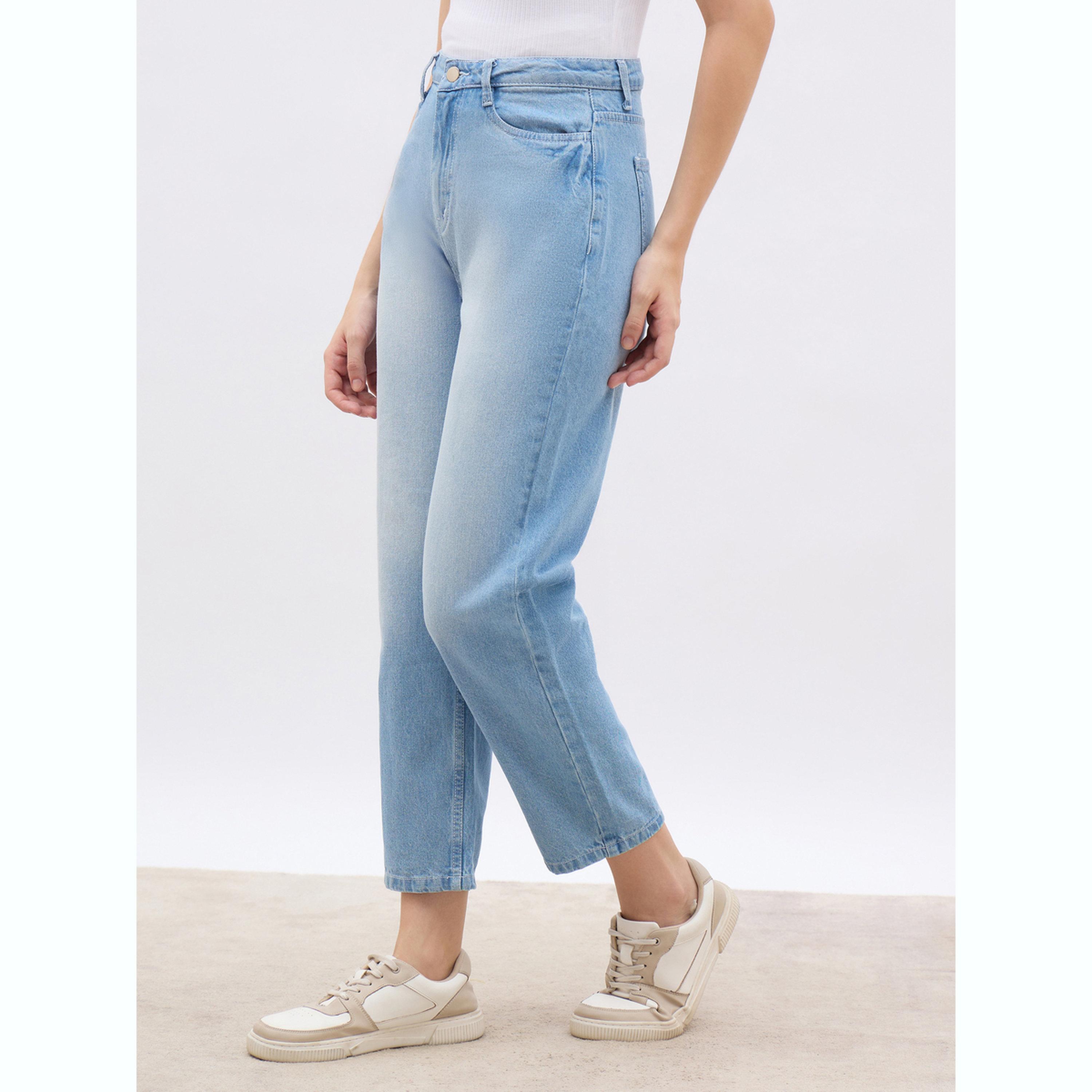 جينز بقصة مستقيمة وتفاصيل باهتة مع خصر عالي-women-clothing-bottoms-jeans-image-4