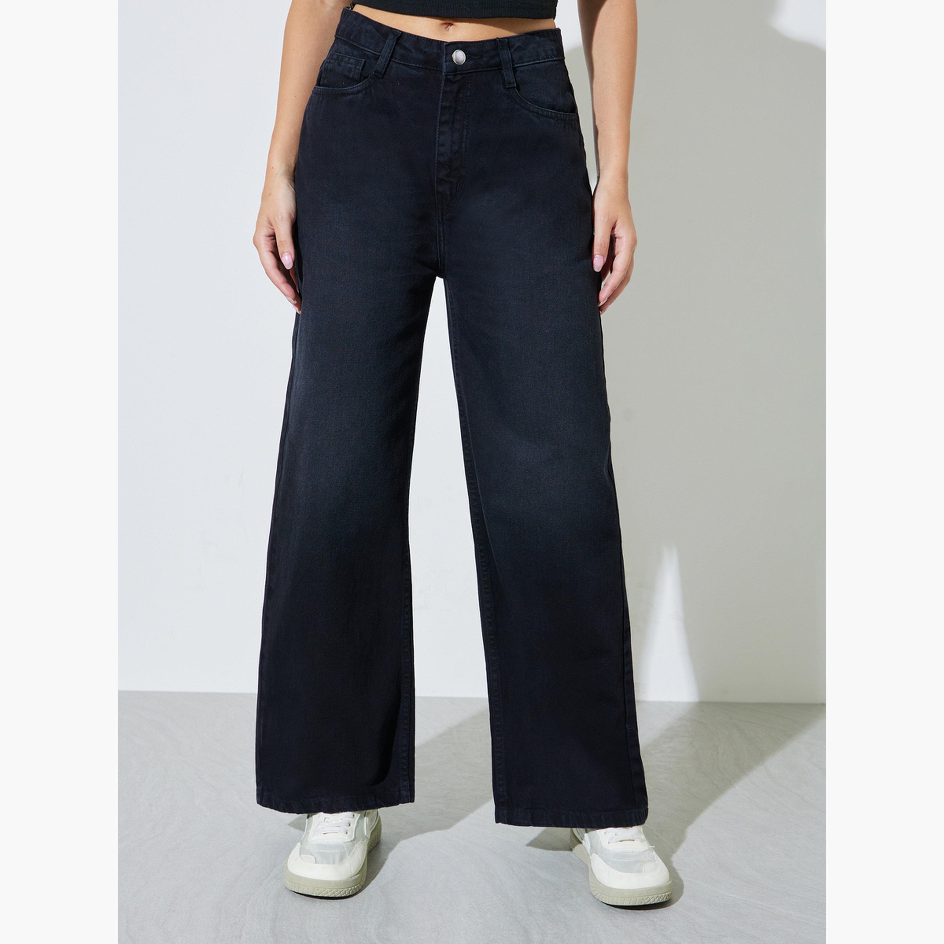 Styli Black High Rise Faded Wide Leg Jeans-women-clothing-jeans-image-1