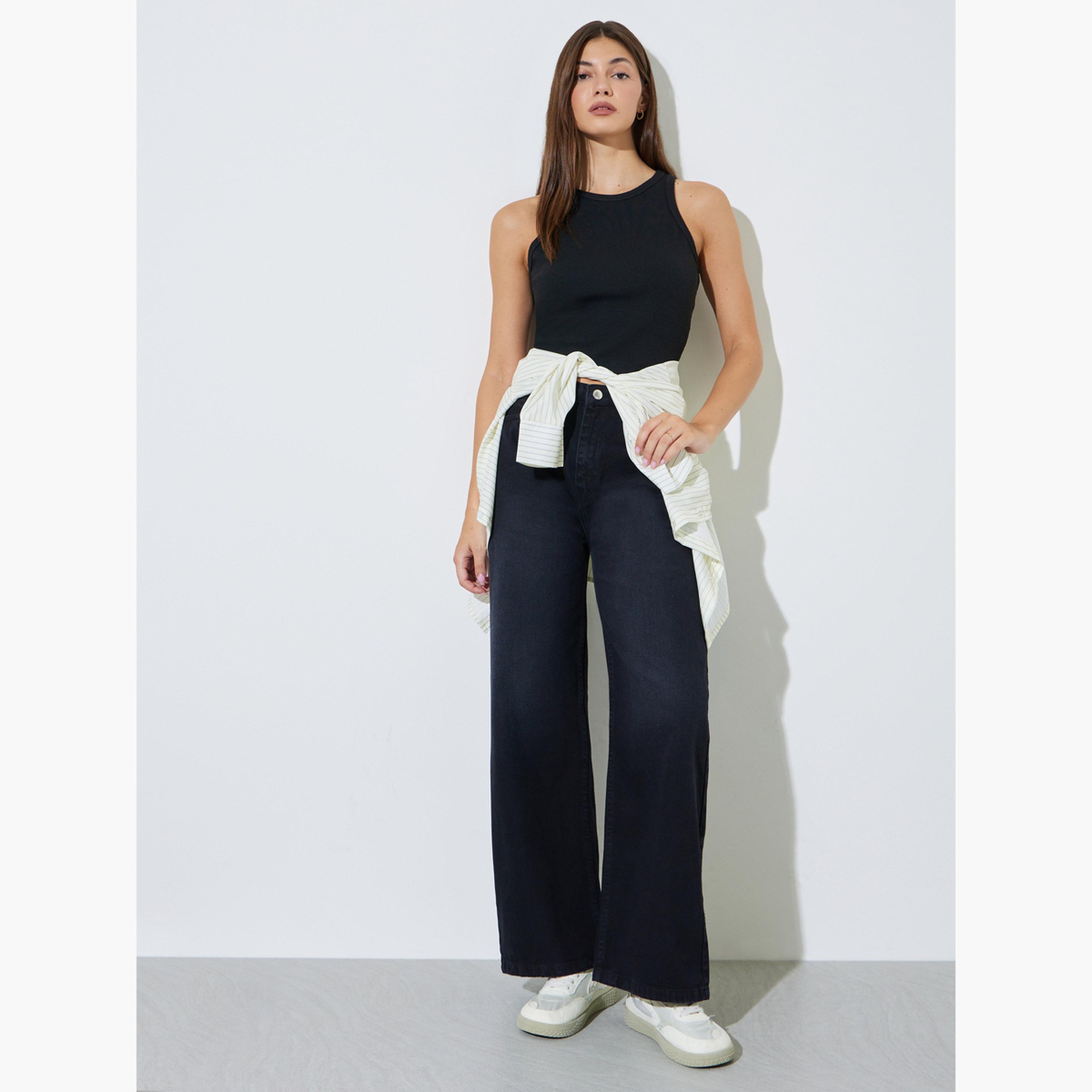 Styli Black High Rise Faded Wide Leg Jeans-women-clothing-jeans-image-2