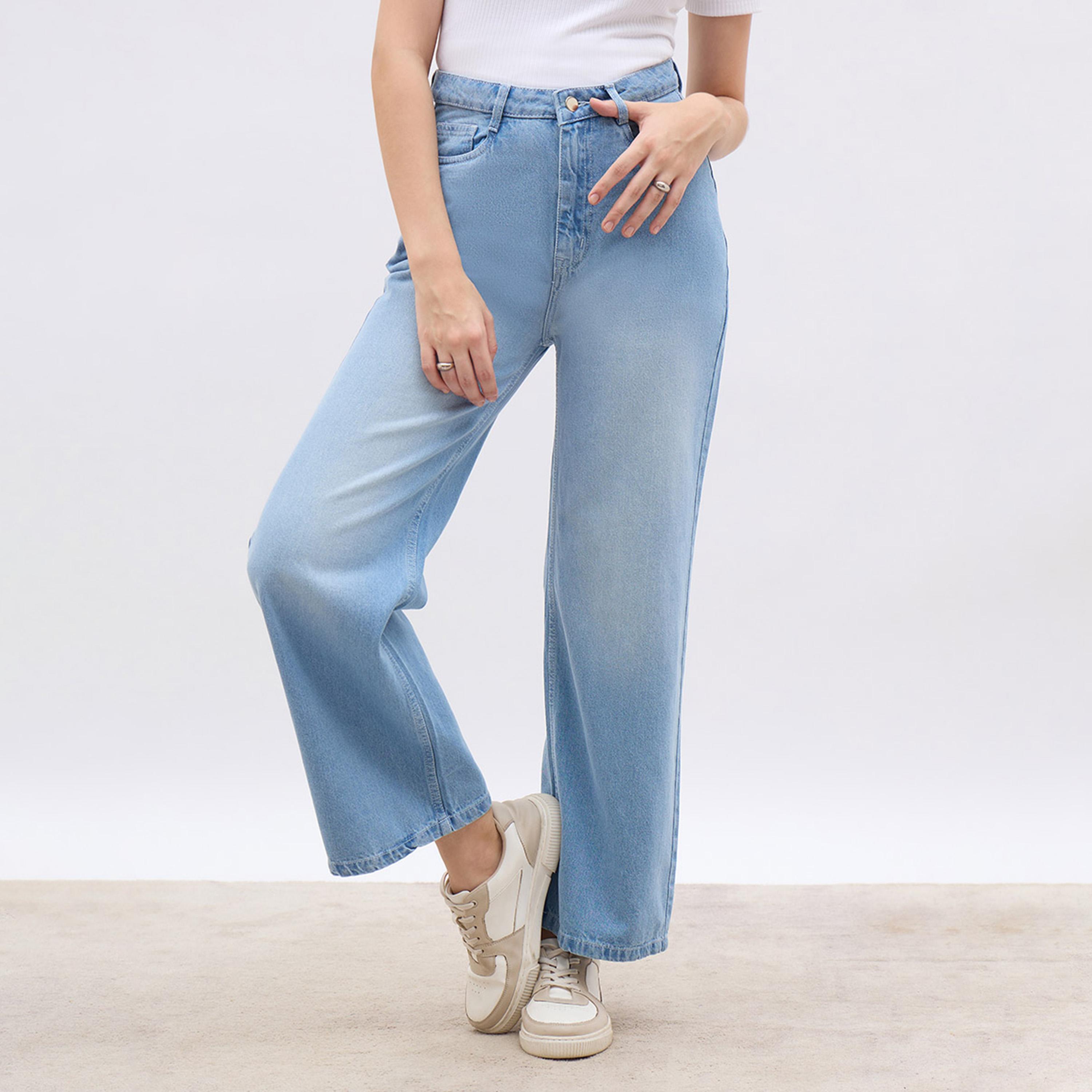 ستايلي - بنطال جينز نسائي واسع الساق باهت اللون بخصر مرتفع-women-clothing-bottoms-jeans-image-1