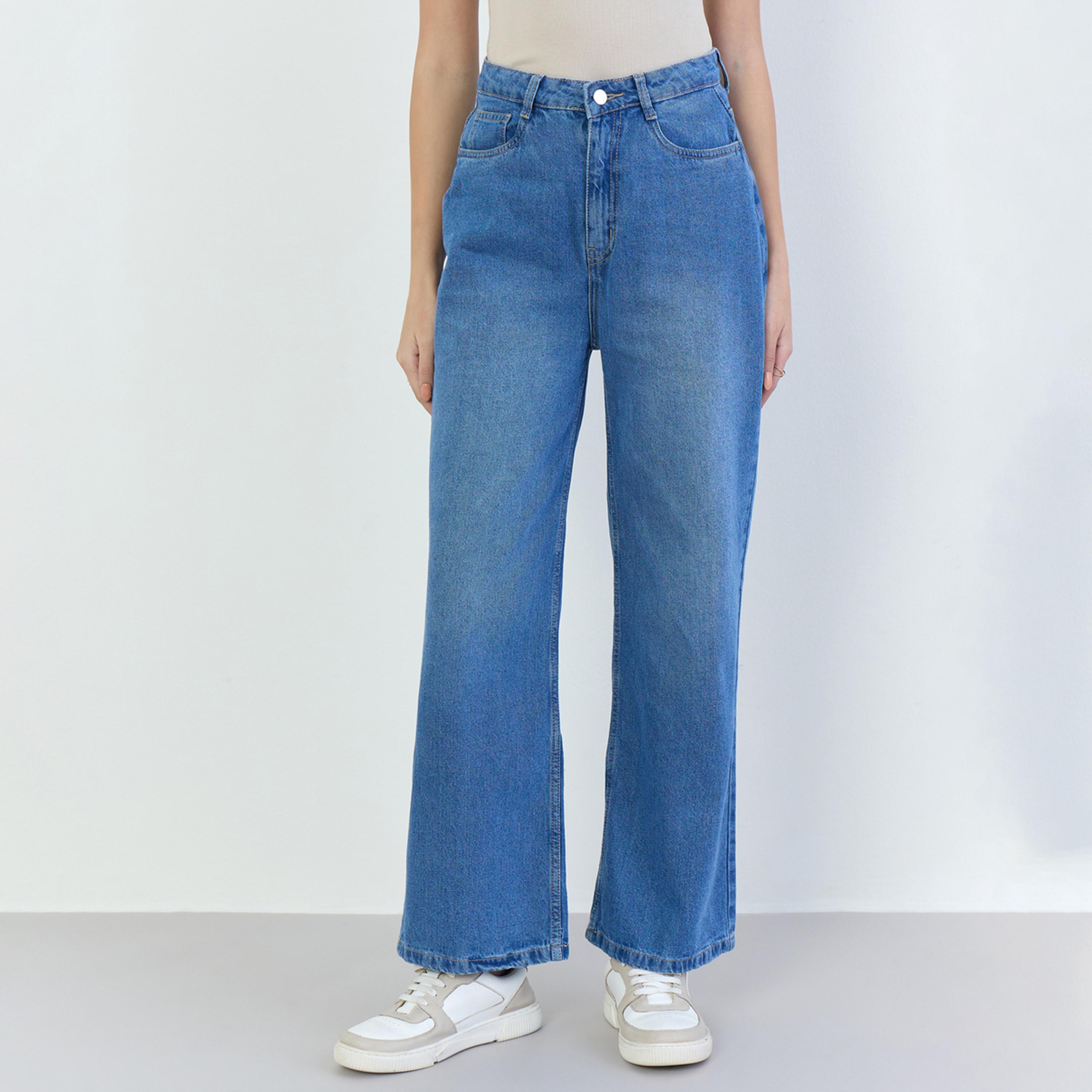 ستايلي - بنطال جينز نسائي واسع الساق باهت اللون بخصر مرتفع-women-clothing-bottoms-jeans-image-1