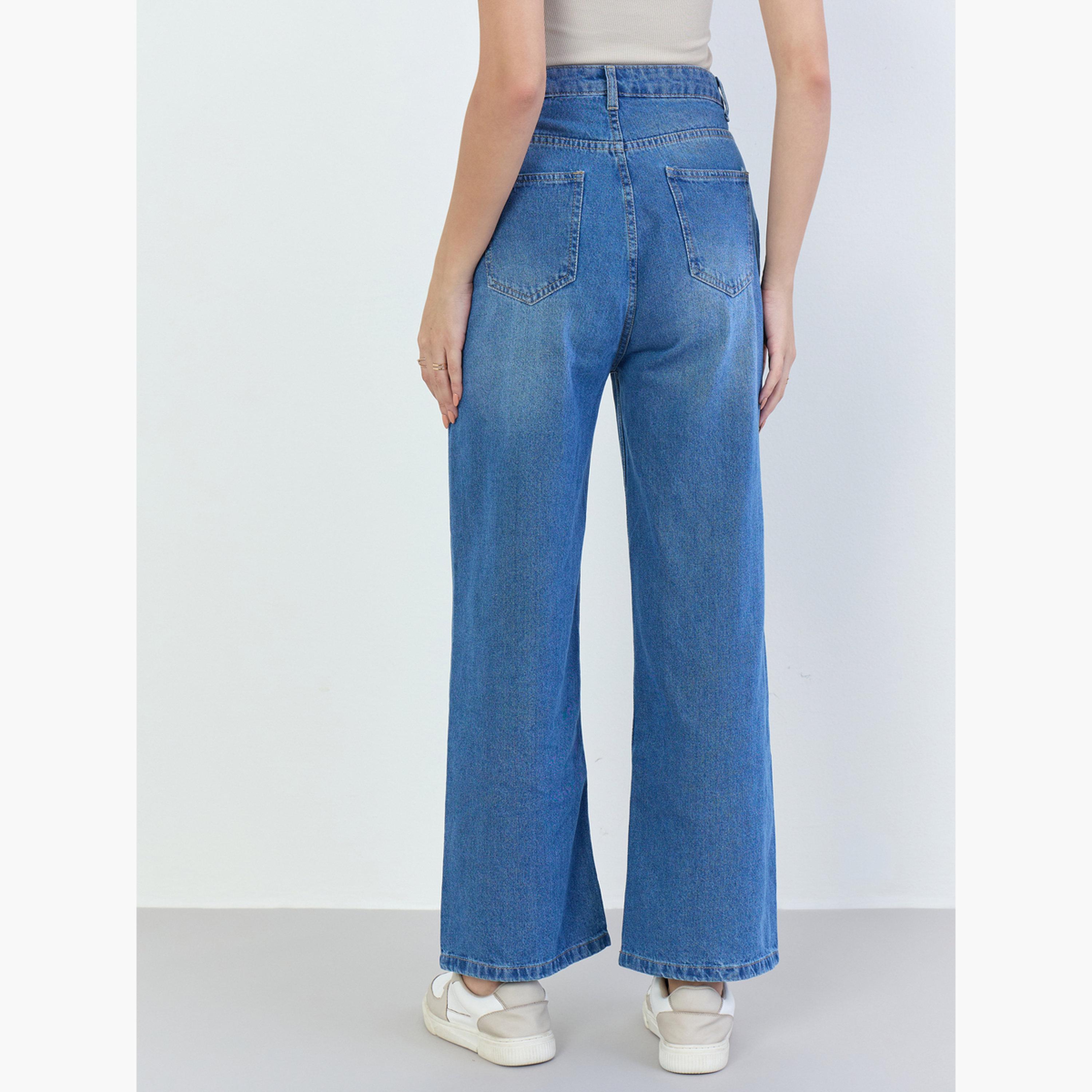 ستايلي - بنطال جينز نسائي واسع الساق باهت اللون بخصر مرتفع-women-clothing-bottoms-jeans-image-4