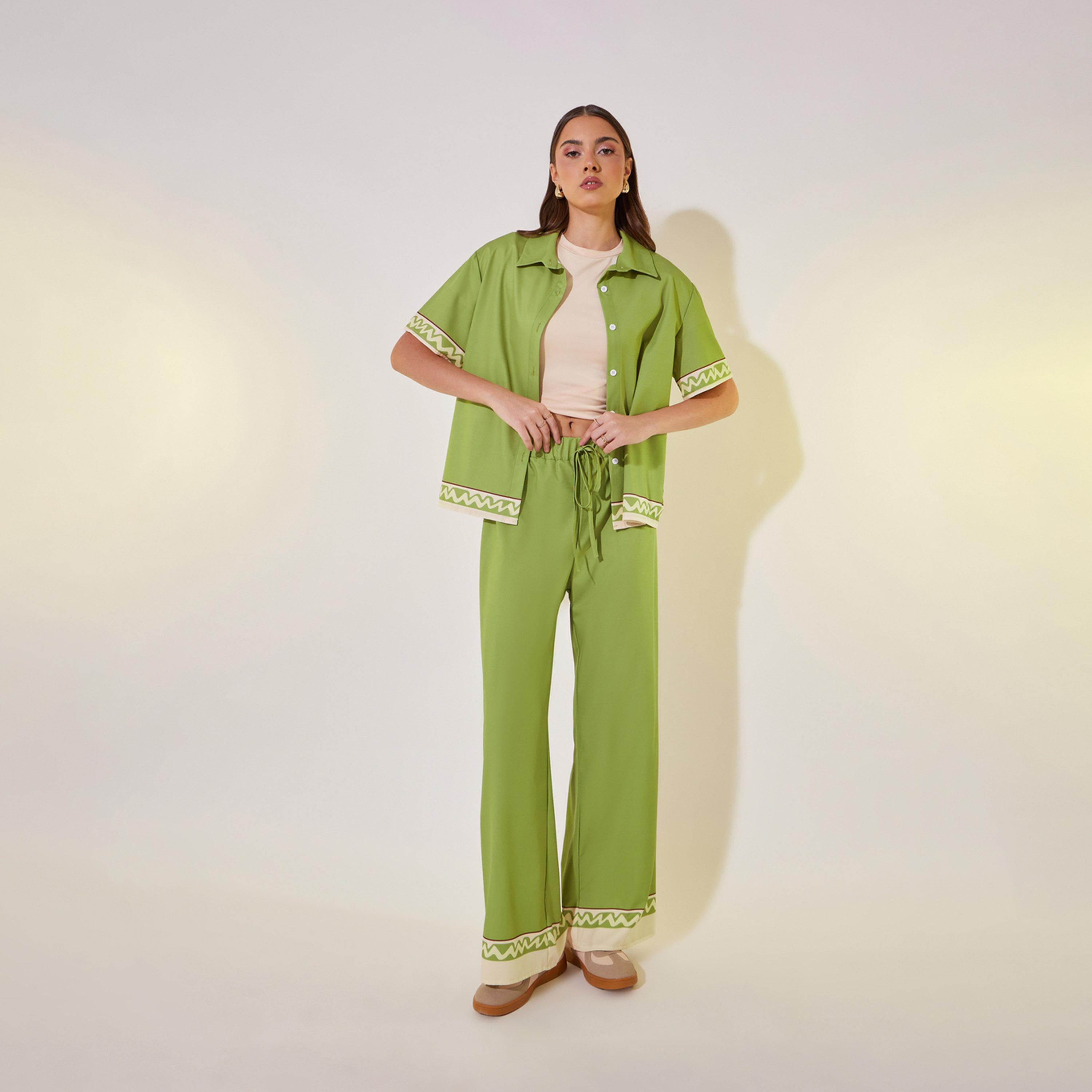 Take Two Printed Contrast Trim Short Sleeve Shirt and Pants Co-Ords Set-women-clothing-coordsets-image-1