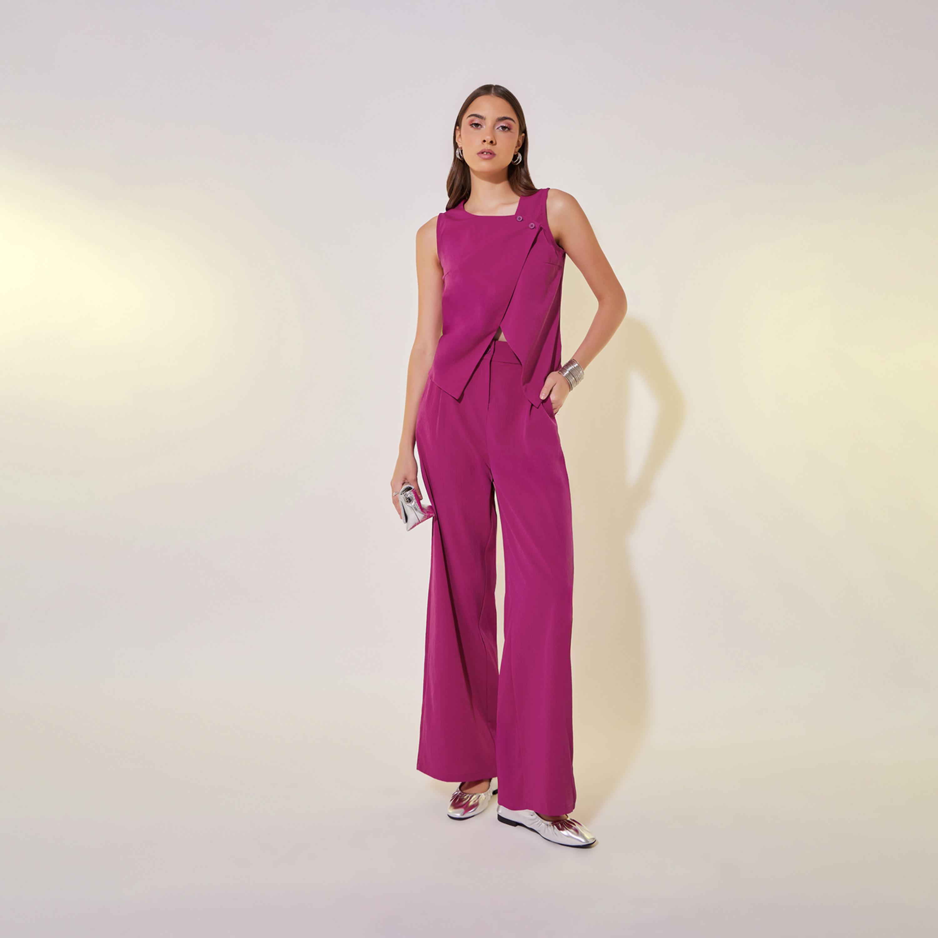 طقم منسق من بنطال وبلوزة سادة بحافة غير متماثلة-women-clothing-coordsets-image-1