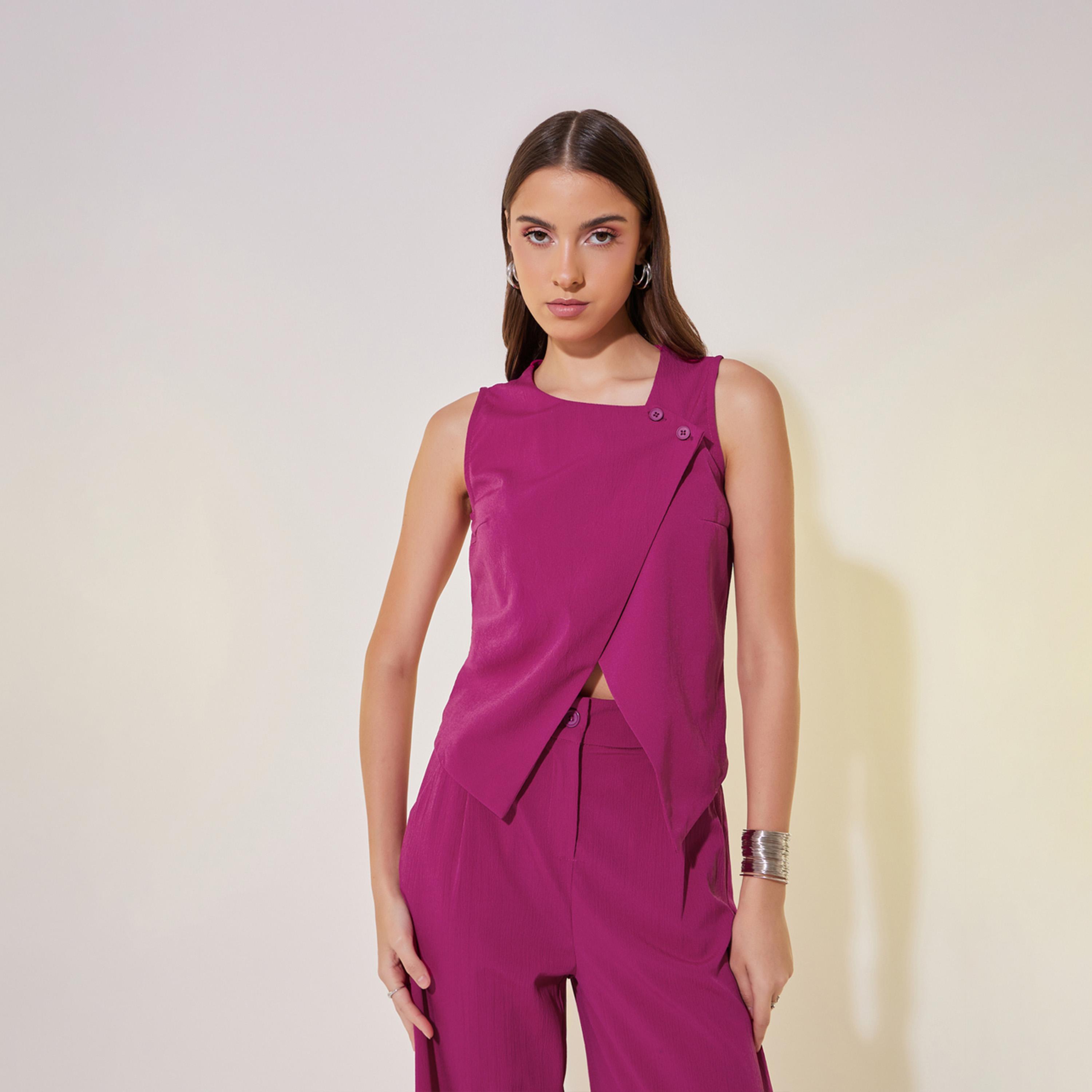 Take Two Solid Asymmetric Hem Vest Top and Pants Co-Ords-women-clothing-coordsets-image-2